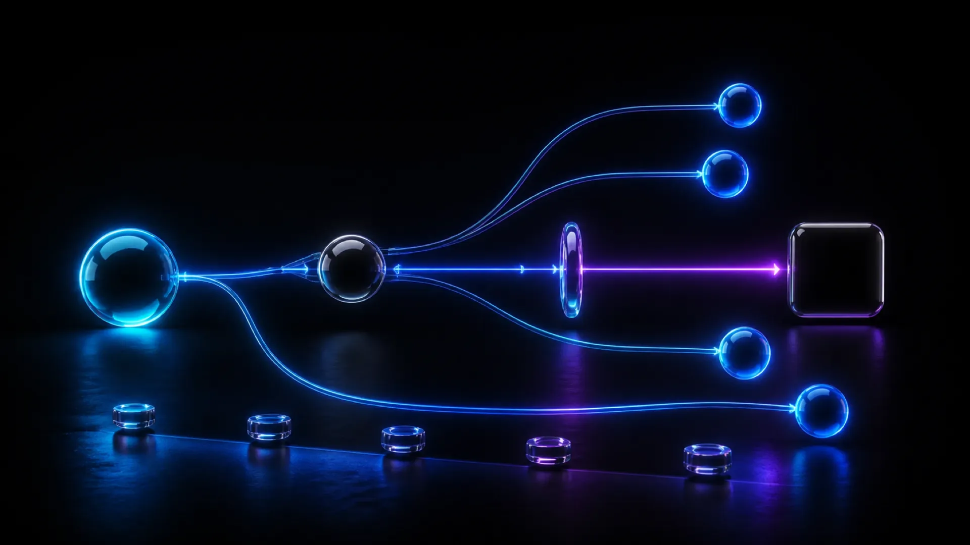 A glowing blue sphere branches through light tubes to five smaller orbs and a black cube.
