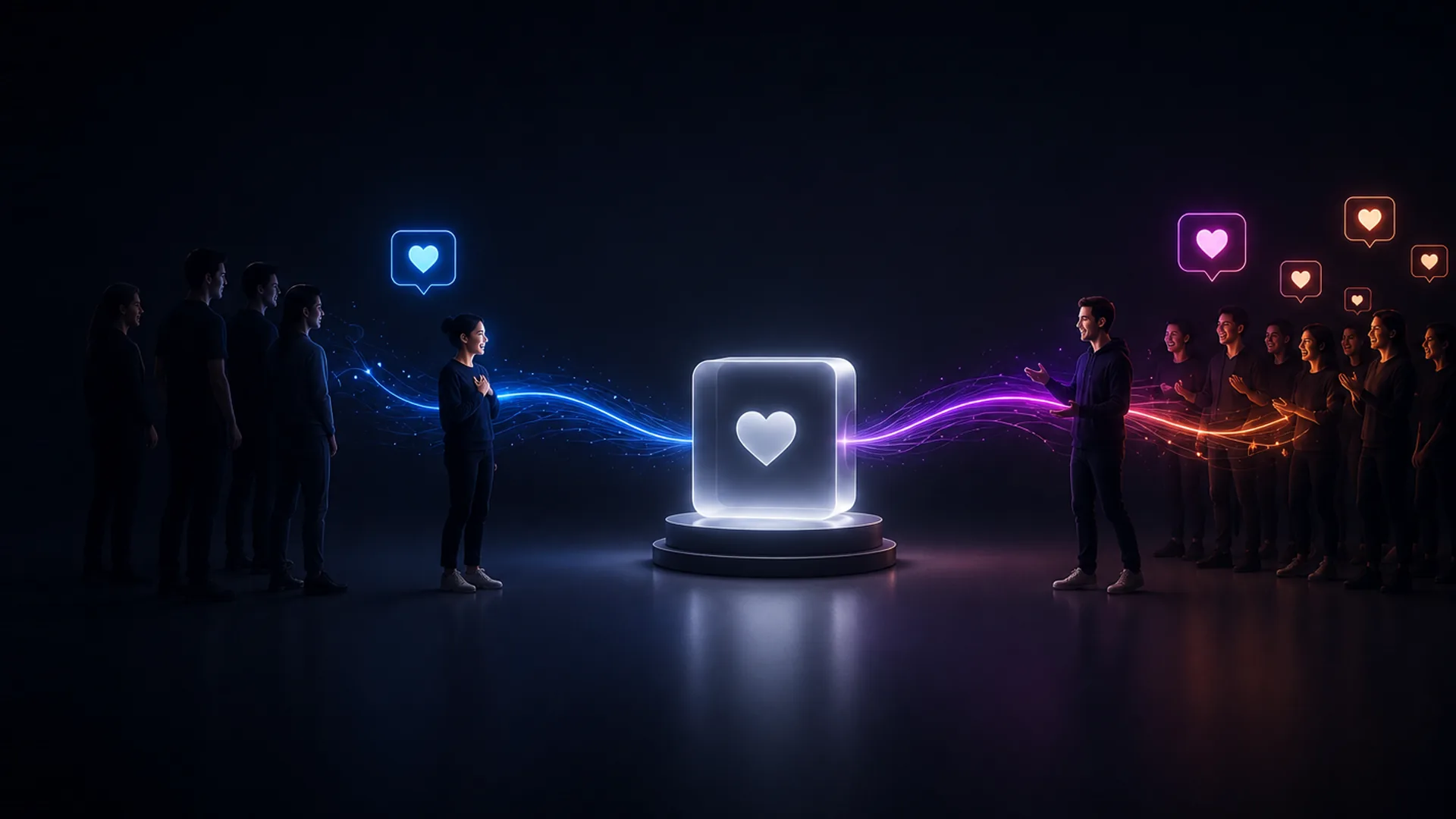 On a dark stage a glowing white cube stamped with a heart sits on a round pedestal, blue and purple light streams out to people on both sides, and heart speech bubbles float overhead.
