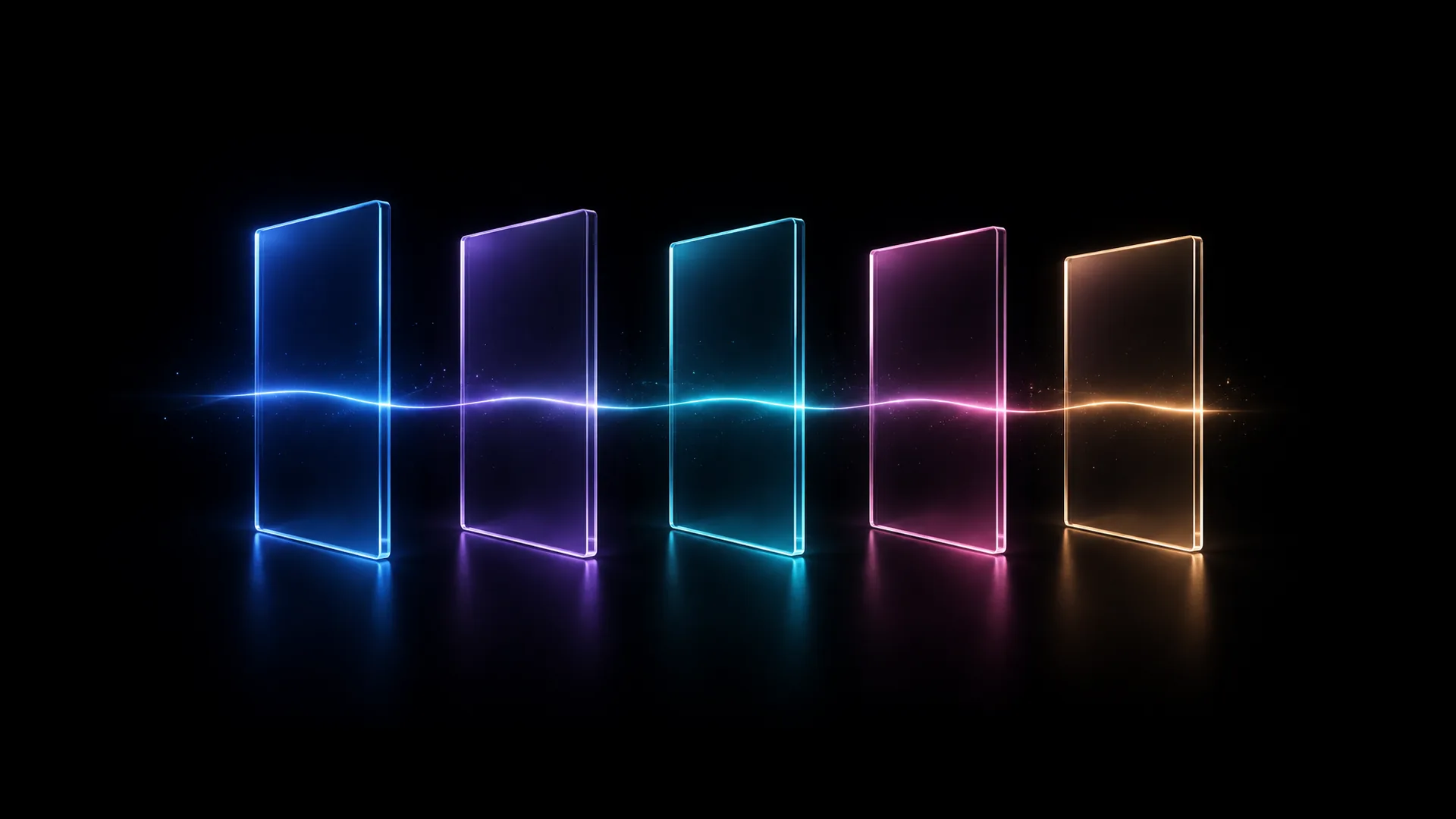 Five upright translucent panels stand in a row on a black reflective floor, lit blue, purple, cyan, pink and gold, with a thin wavy light thread running through all of them at mid height.