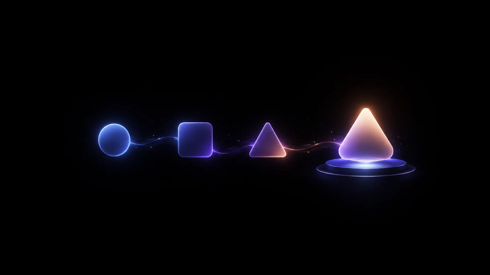 Four glowing shapes on black, a blue sphere, a rounded blue square, and a violet triangle linked by a thread of light to a large pink cone on a lit circular pedestal.