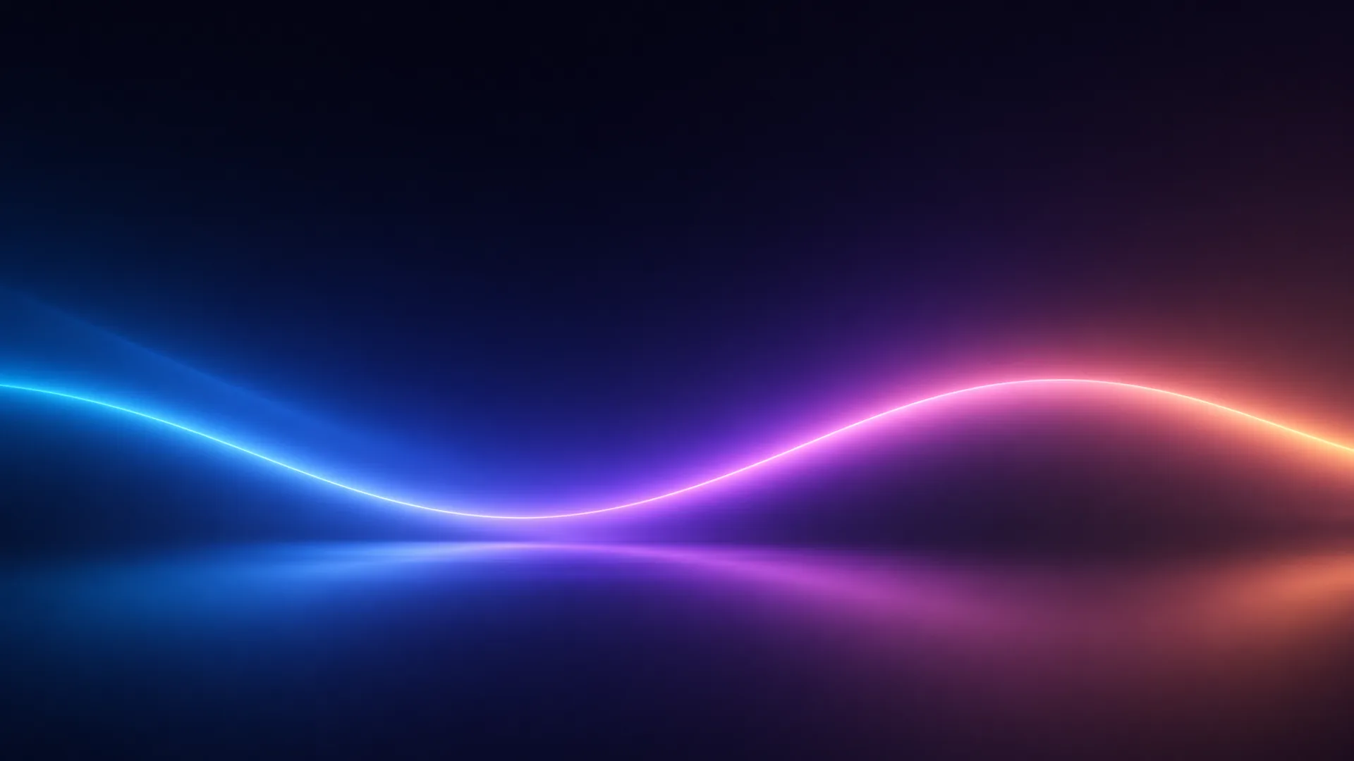 A single glowing line sweeps in an S curve across a near black field, shifting from cyan and blue at left to magenta and then orange at right, with a soft mirrored glow below.