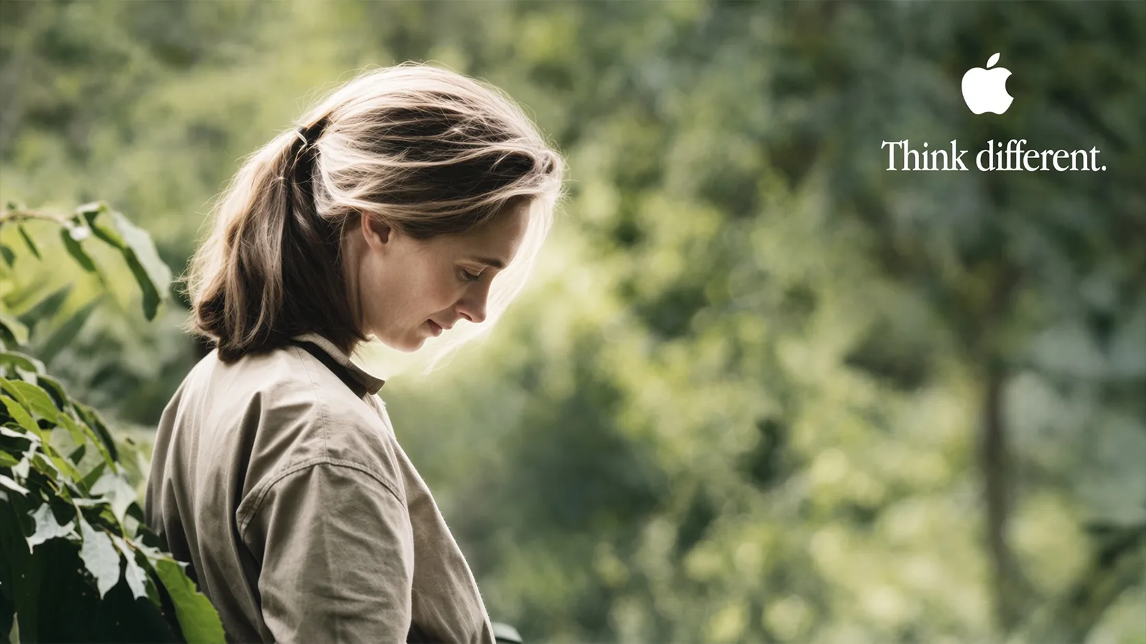 Woman in a tan collared shirt seen in profile, head bowed, against blurred green foliage, with a white Apple logo and the words "Think different." in the upper right corner.