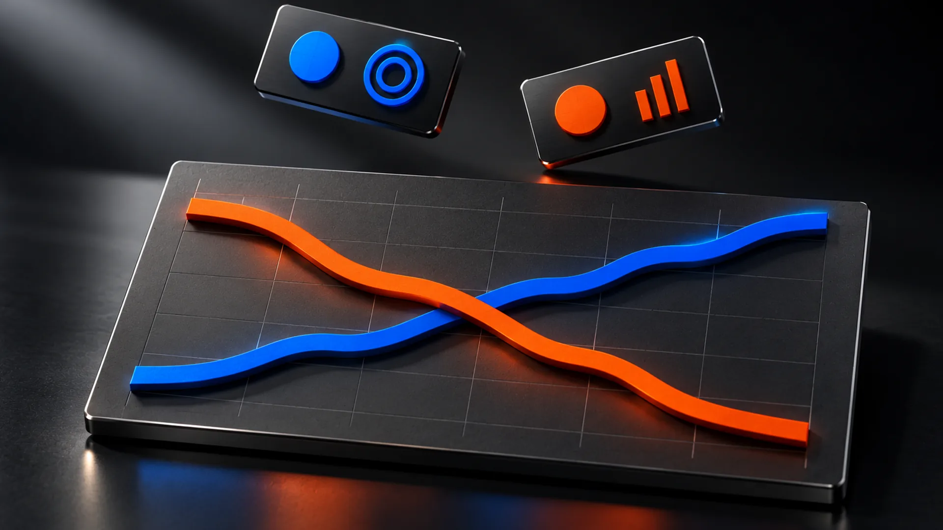Glossy 3D render of a dark gridded chart panel with a rising blue line crossing a falling orange line, beneath two floating tiles showing blue and orange icons.
