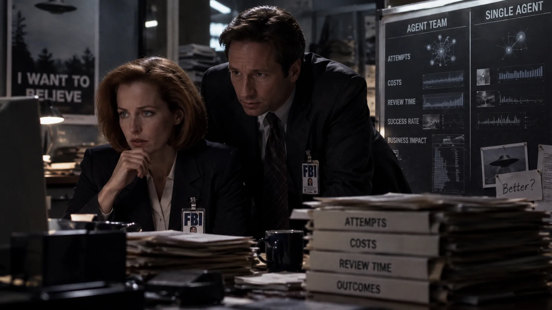 A man and woman wearing FBI badges study a monitor beside a whiteboard comparing Agent Team and Single Agent charts, stacked binders nearby.