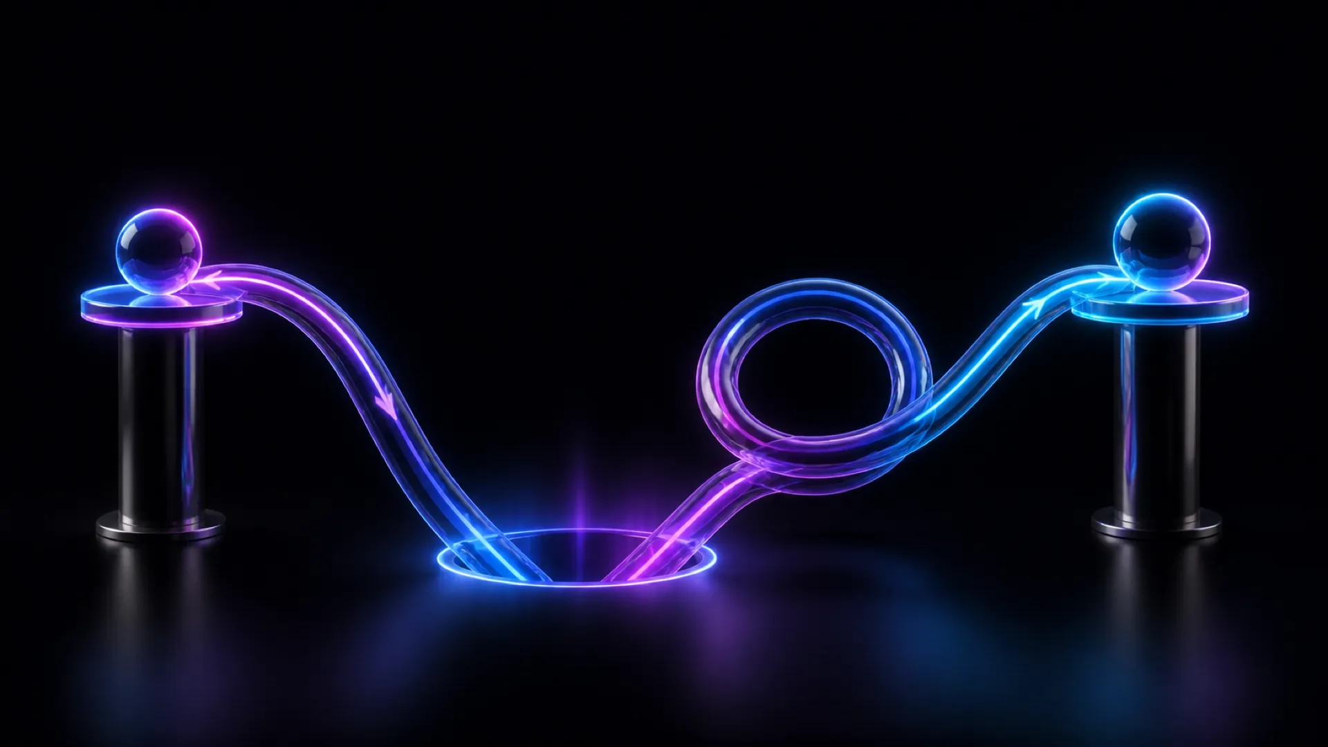 A winding glass tube links two pedestal spheres, purple on the left, blue on the right, looping through a ring.