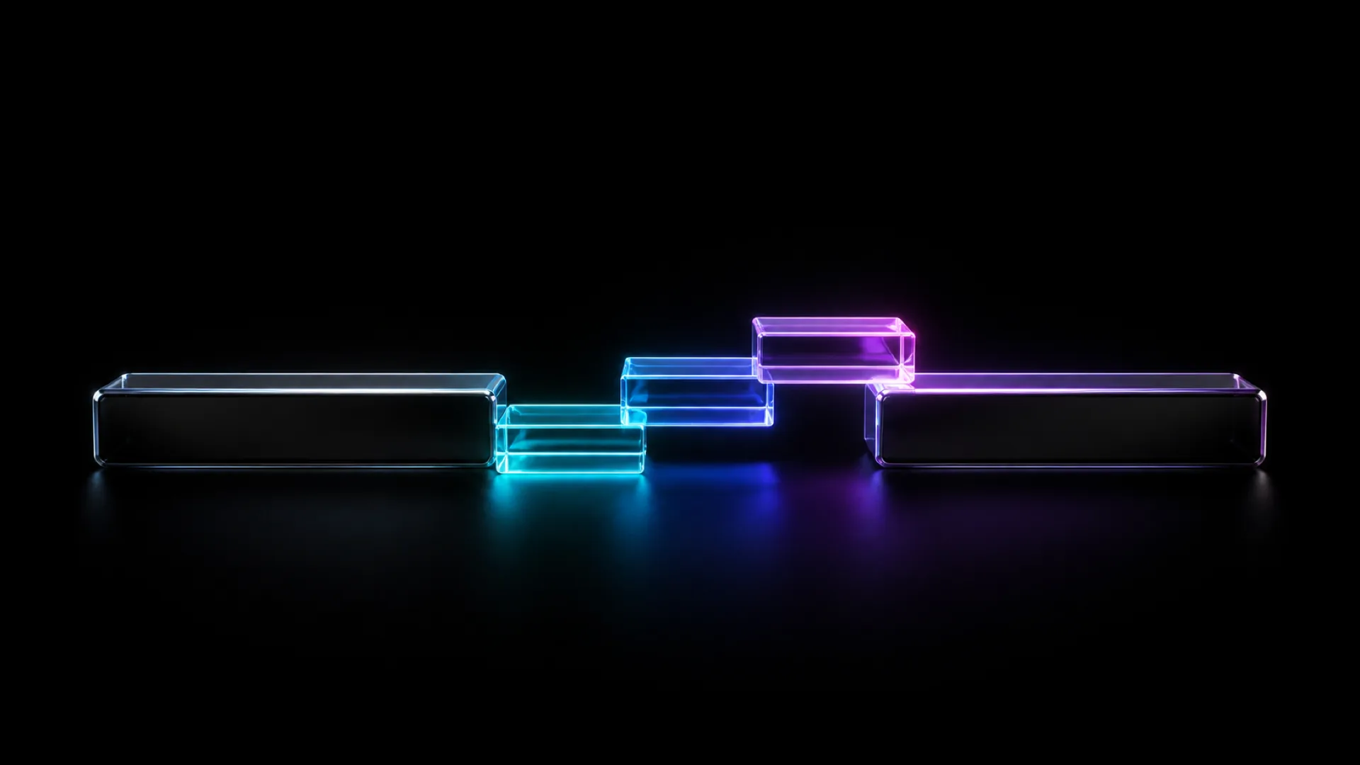 Staggered glass blocks glow in a gradient from clear blue on the left to pink on the right.