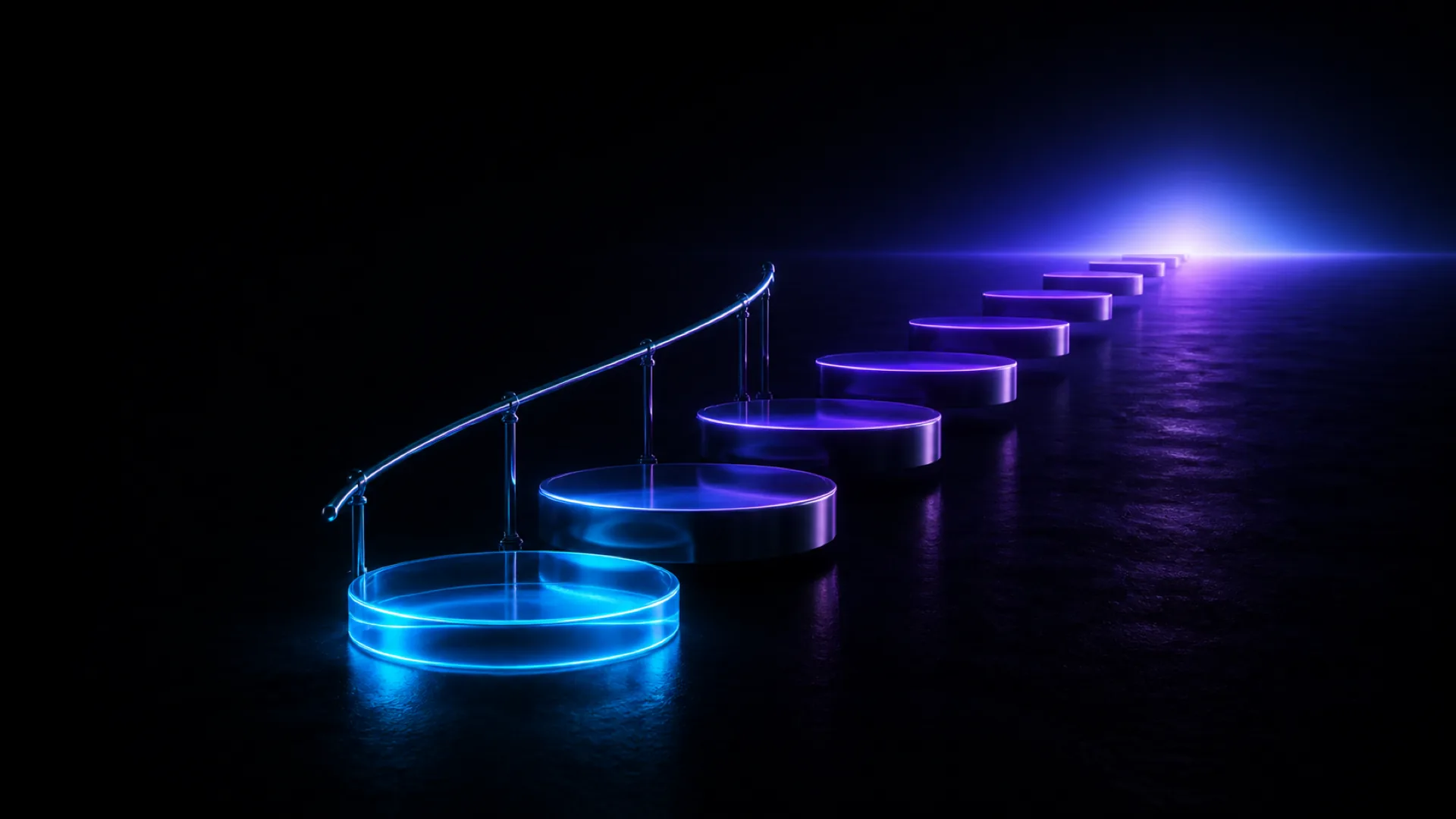 A staircase of round glowing platforms leads from a bright blue step in front through purple steps toward distant light.