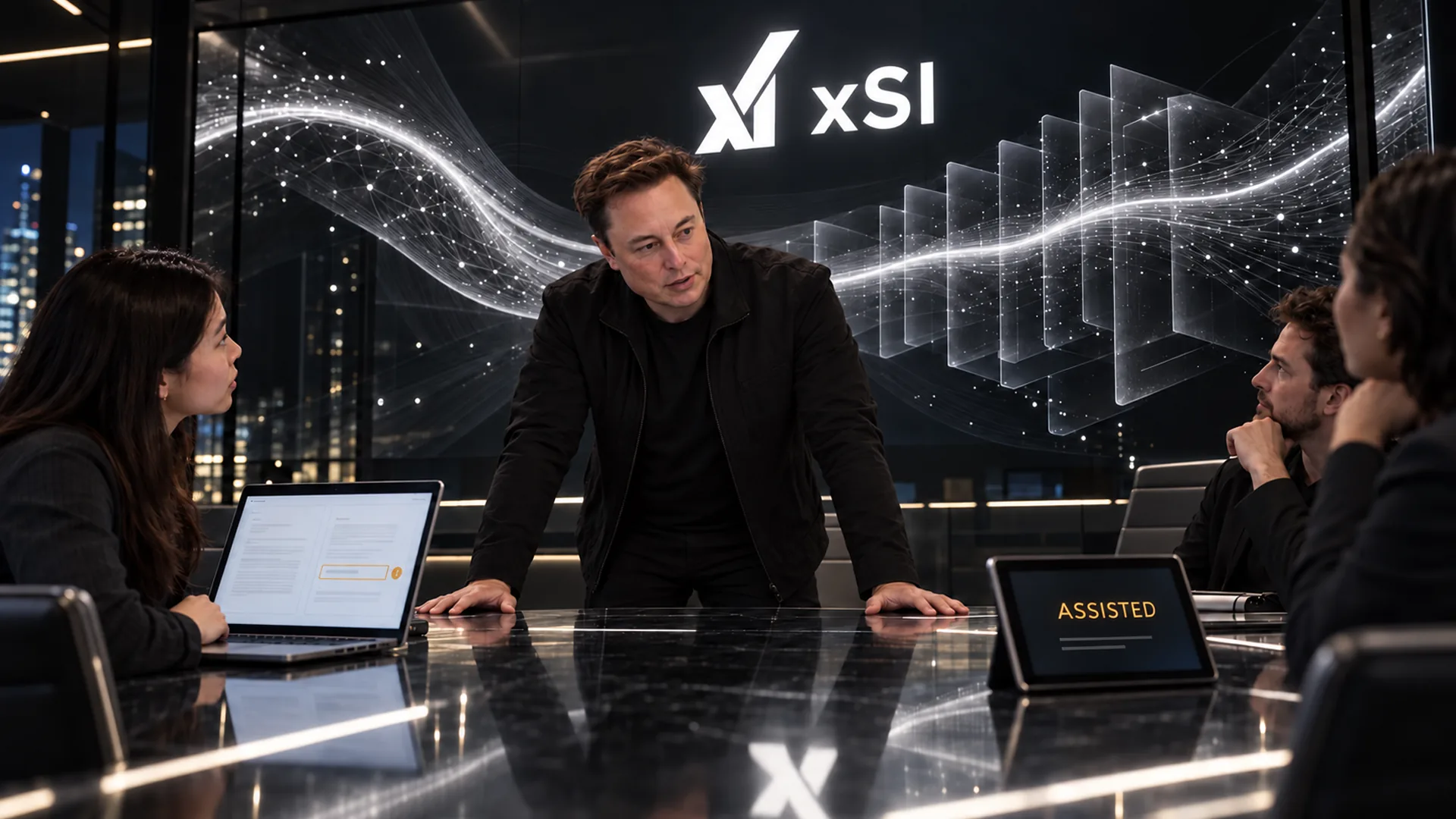 A man in a black jacket leans on a glossy conference table facing seated colleagues, before a screen reading "xSI" with glowing data waves, as a tablet shows "ASSISTED".