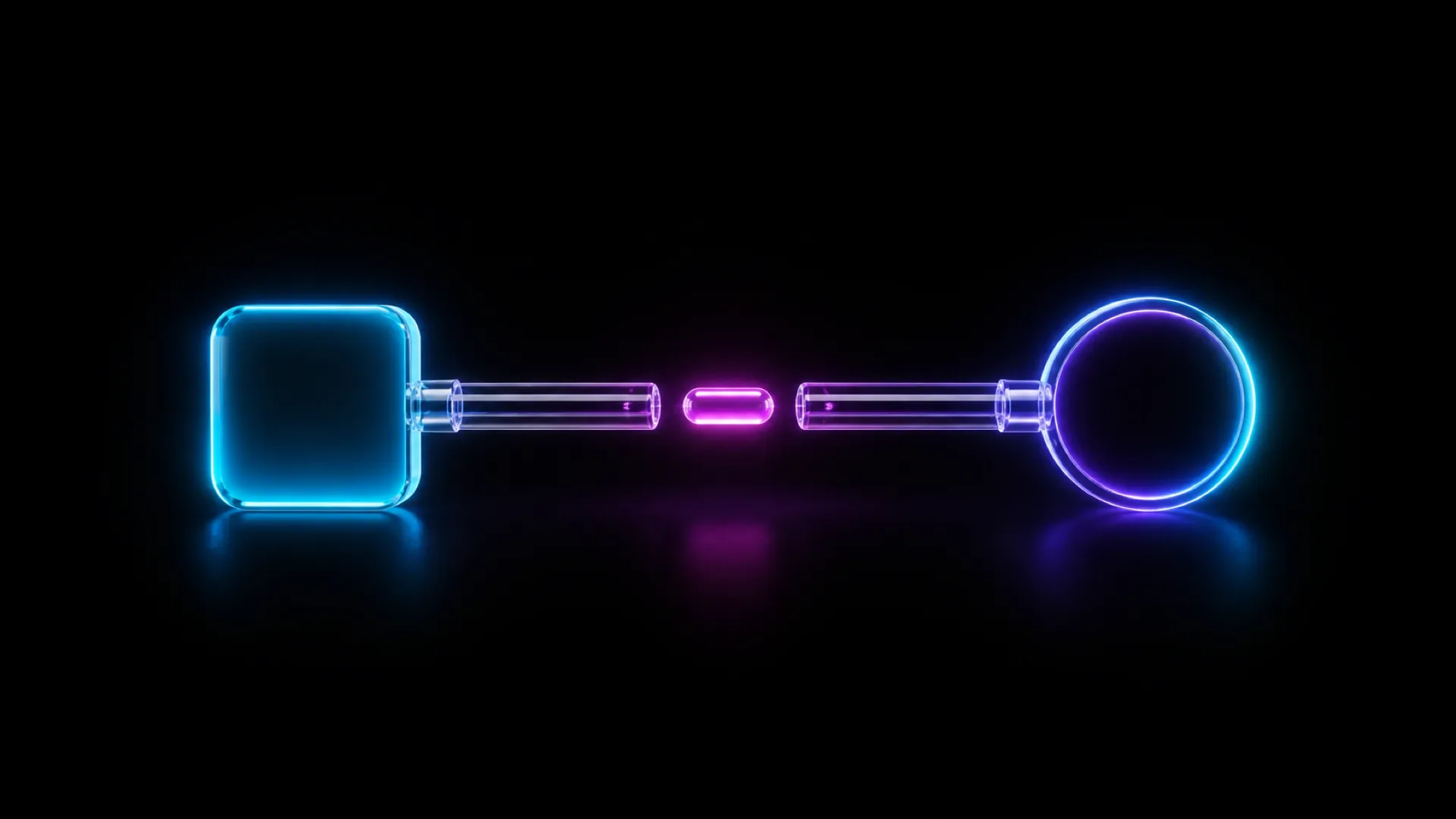 A glowing blue square, a magenta capsule, and a purple ring connect in a row by thin rods.