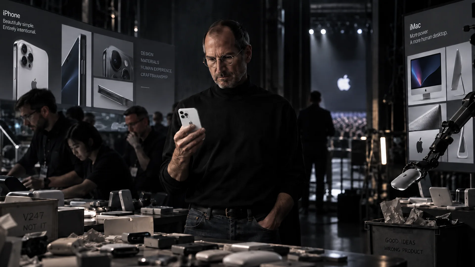A gray-haired man in a black turtleneck studies a smartphone at a workbench of disassembled devices between iPhone and iMac panels, near a crate marked GOOD IDEAS WRONG PRODUCT.
