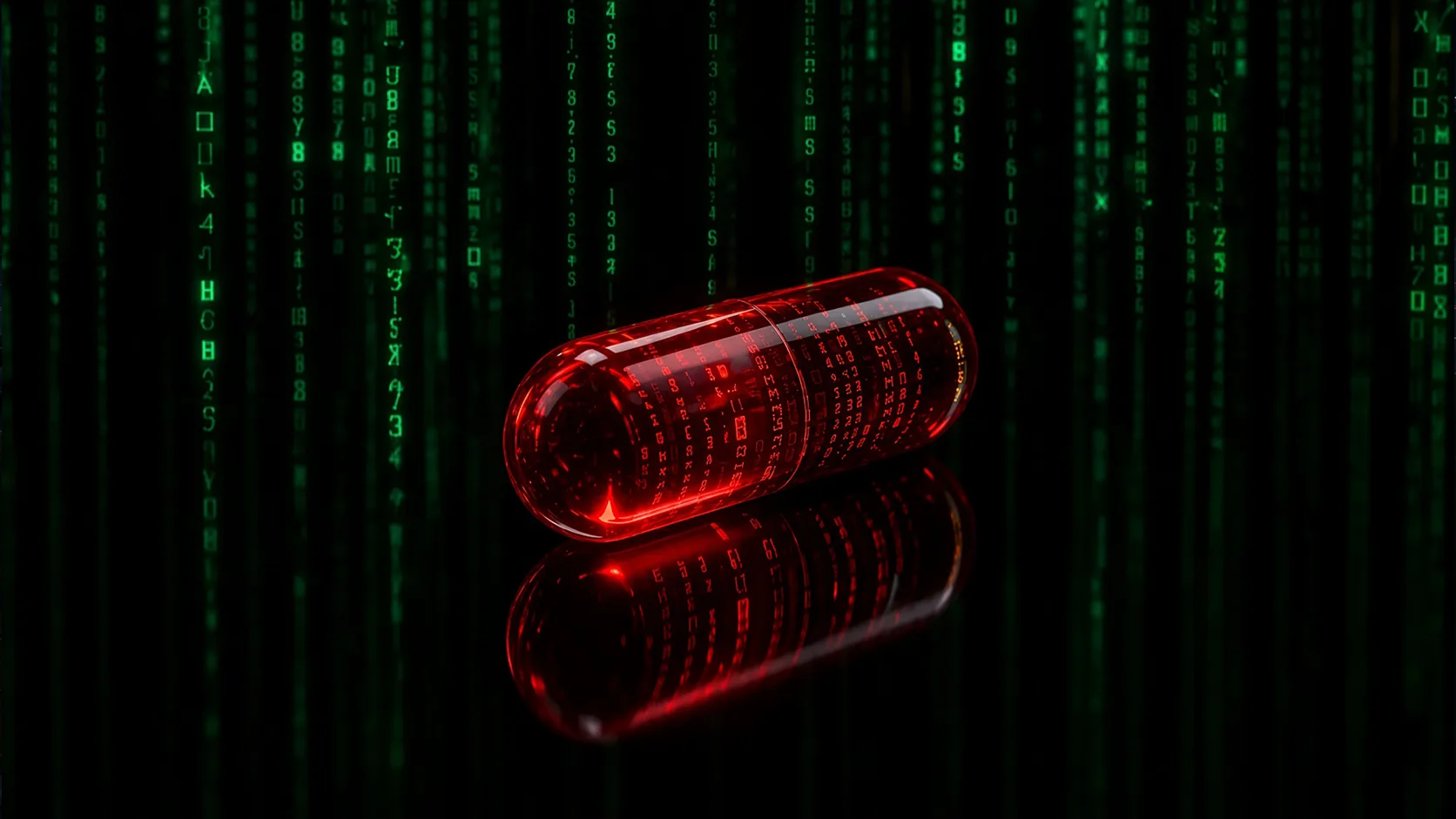 A glowing red capsule pill lies on a black reflective surface, filled with tiny red characters, in front of vertical columns of falling green digits and symbols.