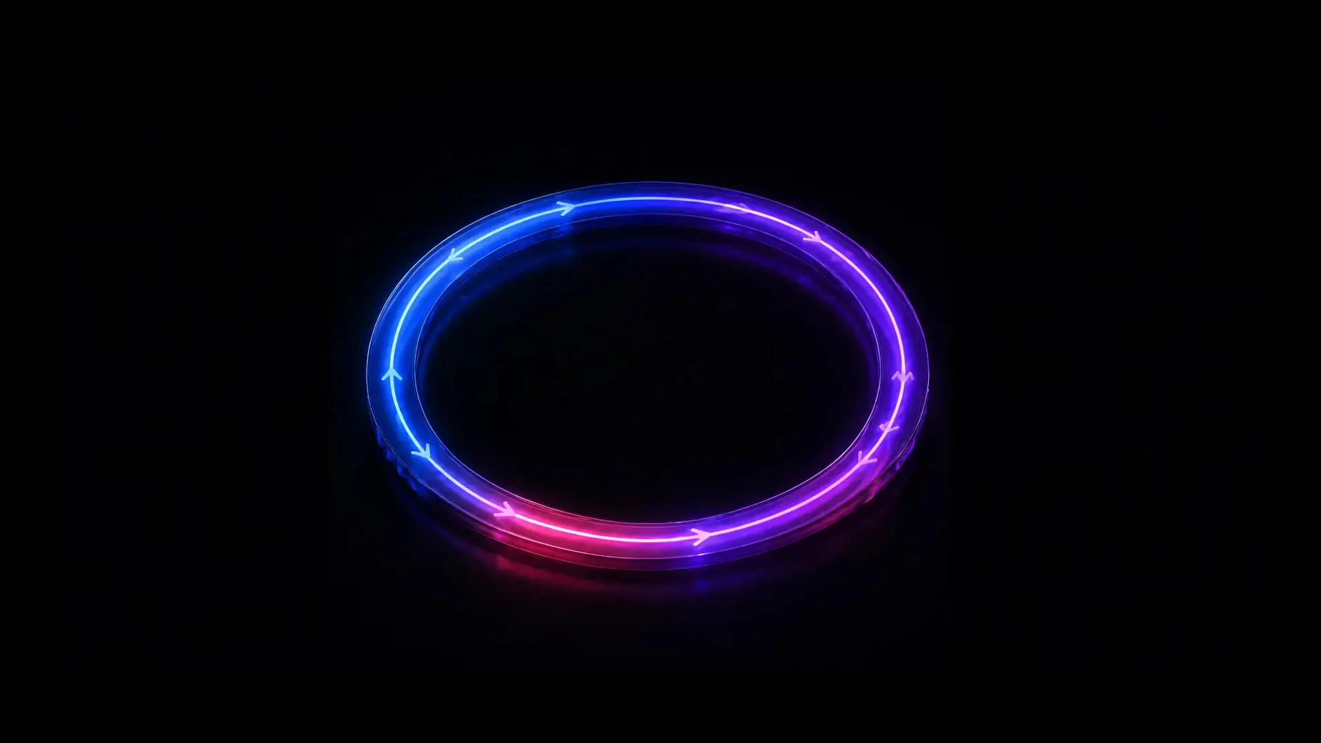 A glowing neon ring floats in an otherwise empty black frame, its band shading from blue through purple into pink, with small arrowheads spaced along it pointing the same way around the loop.