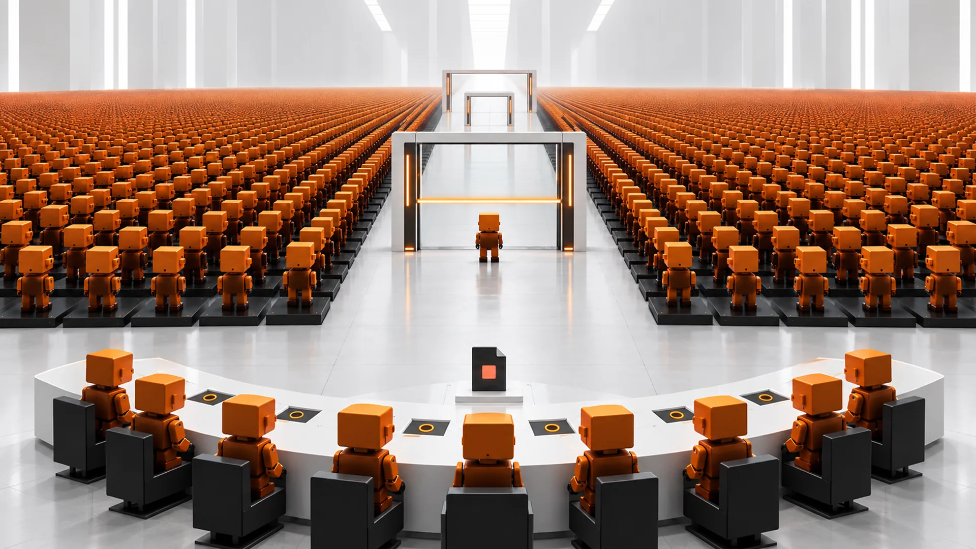 A curved white bench of seated orange robots faces a vast white hall where thousands of identical orange figures stand in rows before a glowing amber archway.