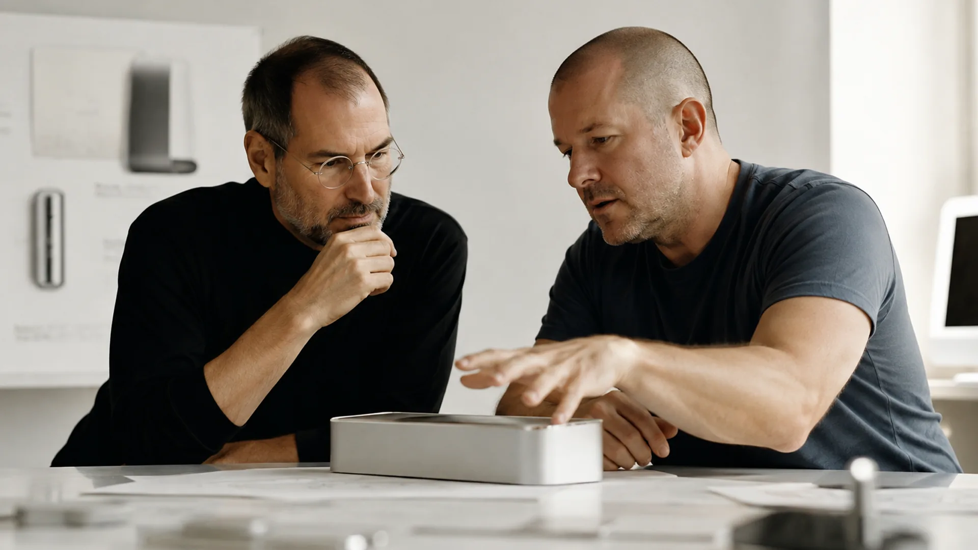 Two men lean over a white studio table studying a slim white rectangular product model, one in a black turtleneck and round glasses with a hand at his chin, the other gesturing above it.