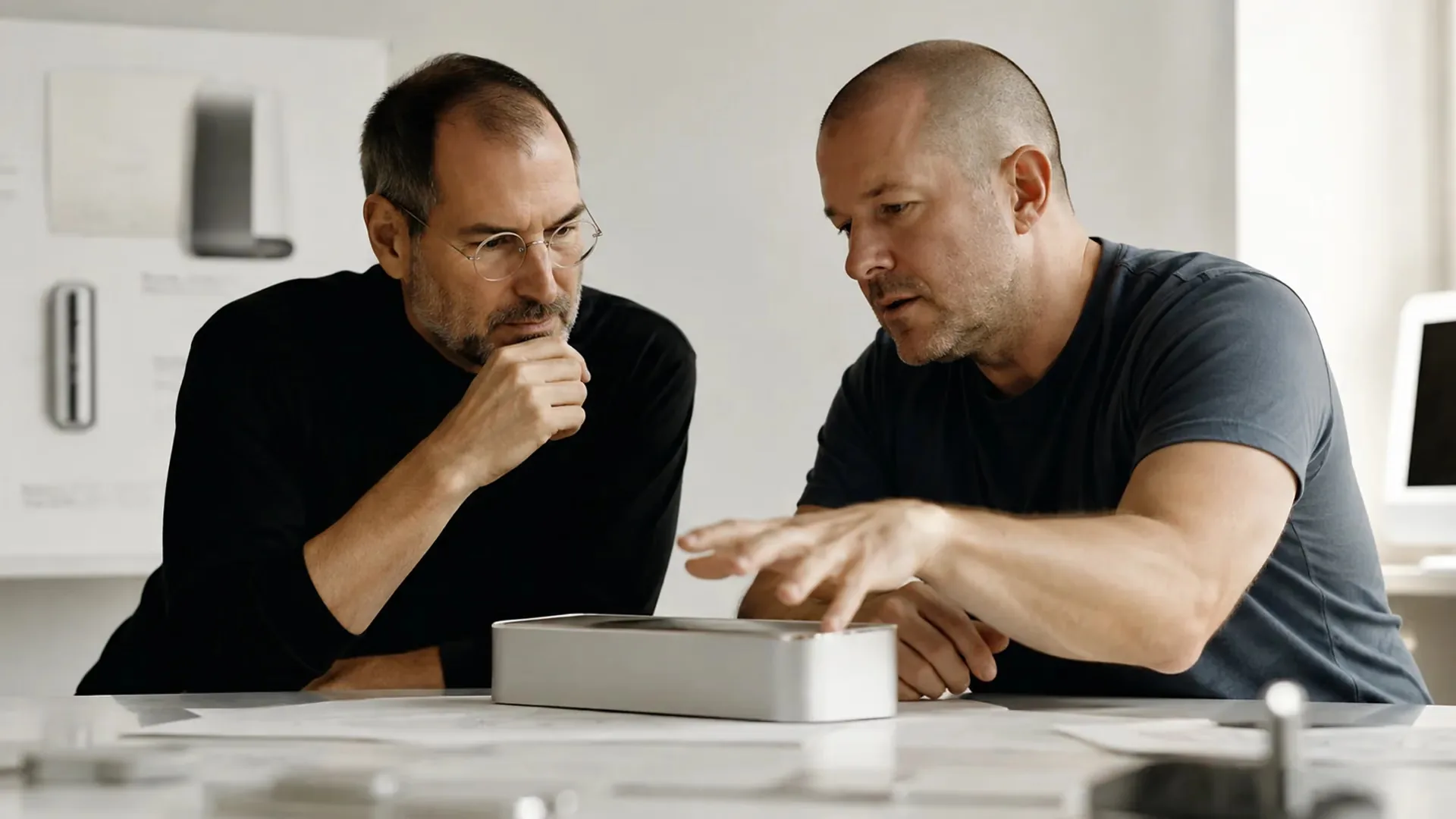 Two men lean over a white marble counter examining a silver rectangular prototype device.