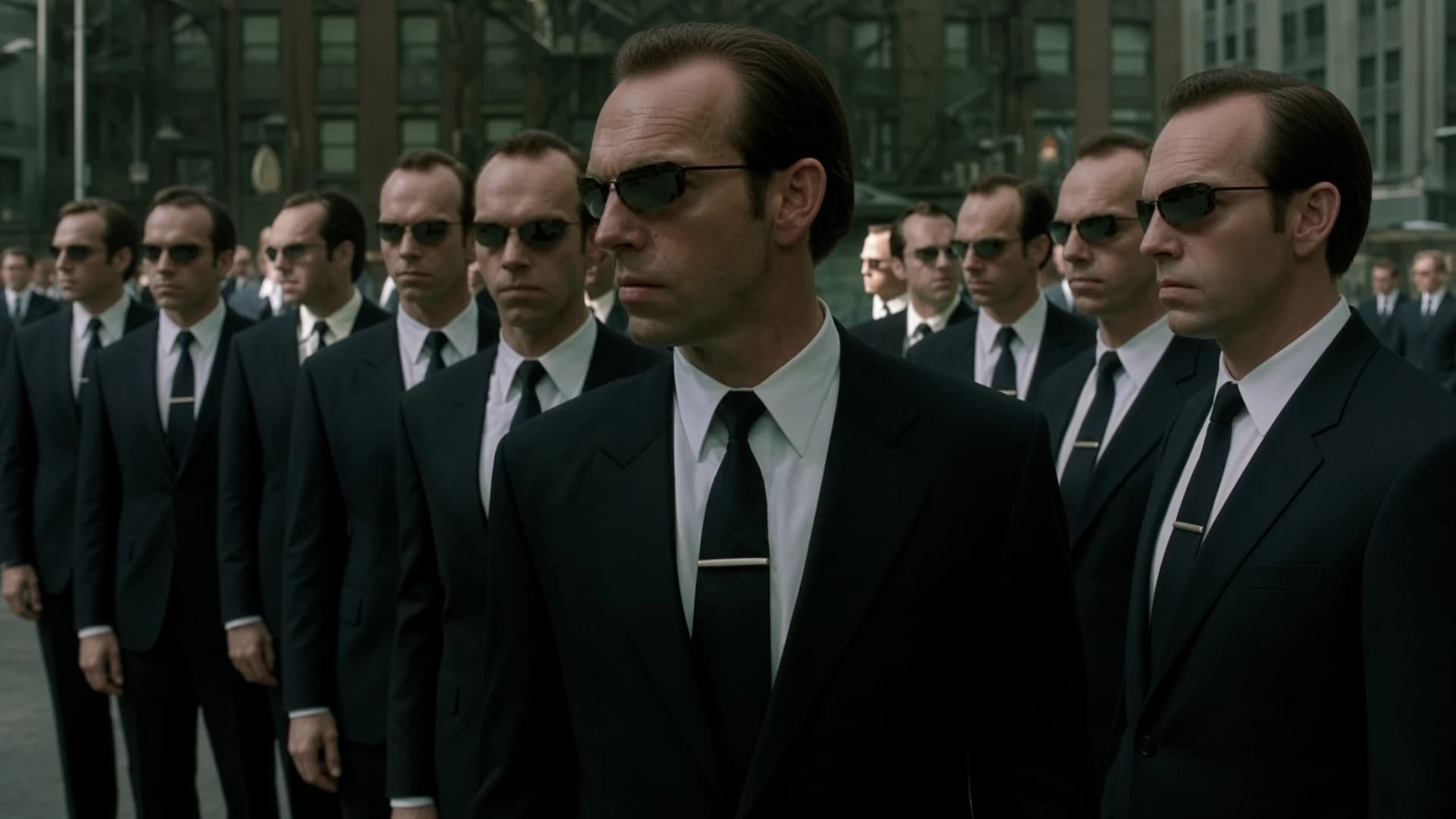 Endless identical silhouettes in dark suits filling a rain-slicked street grid, with one lit doorway holding a single red switch