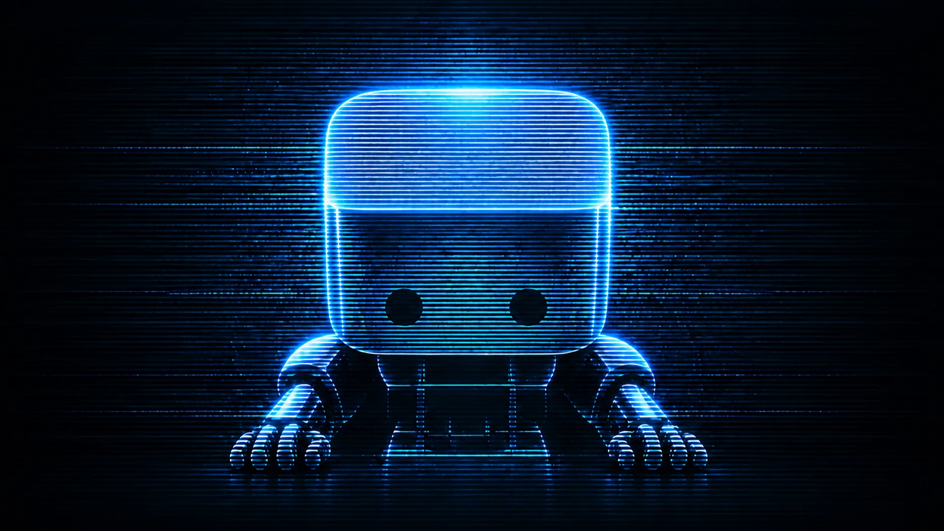 A glowing blue wireframe robot with a boxy head and two dark dot eyes peers up over the bottom edge, fingers gripping the frame, against black scan lines.