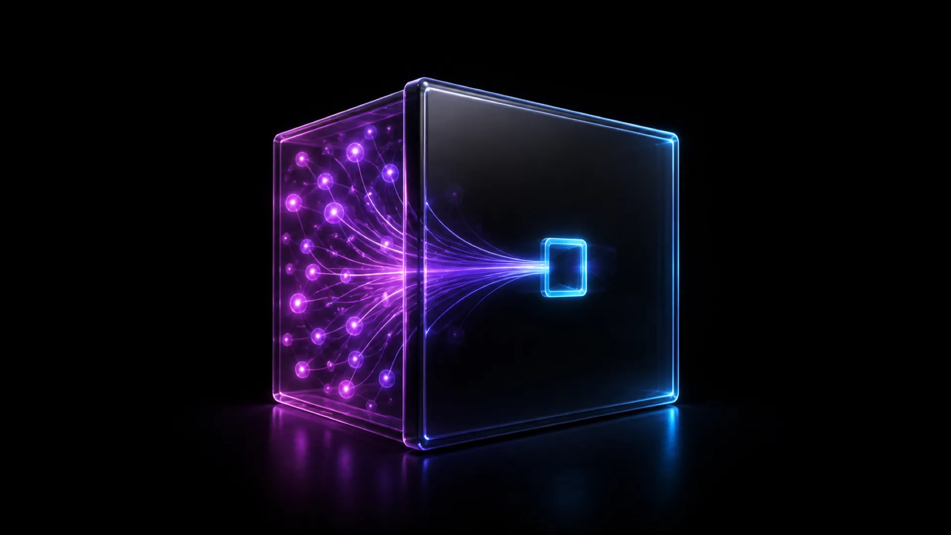 A translucent cube holds glowing purple nodes on its left half, converging into a small blue square on the right.