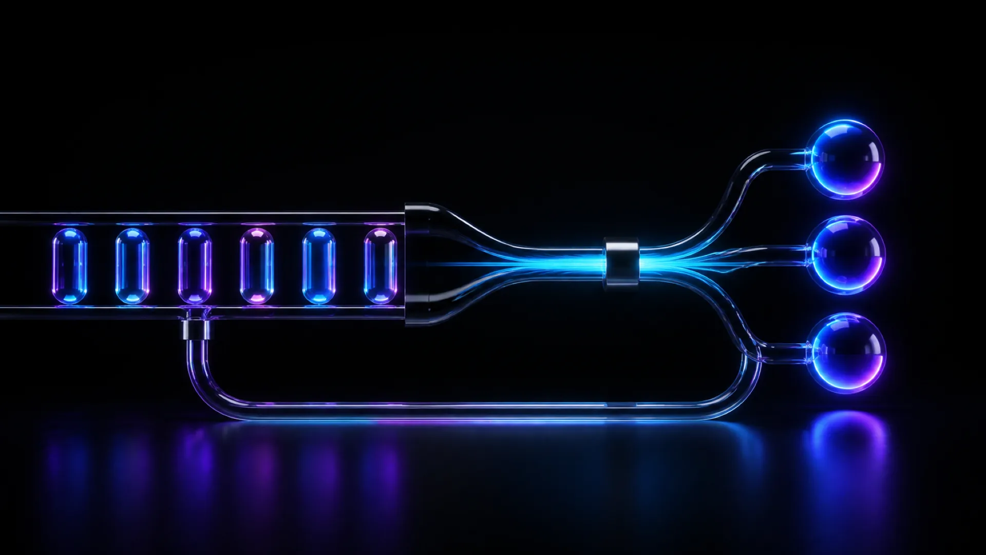 Six glowing blue and purple glass capsules in a row connect through a tube to three luminous spheres.