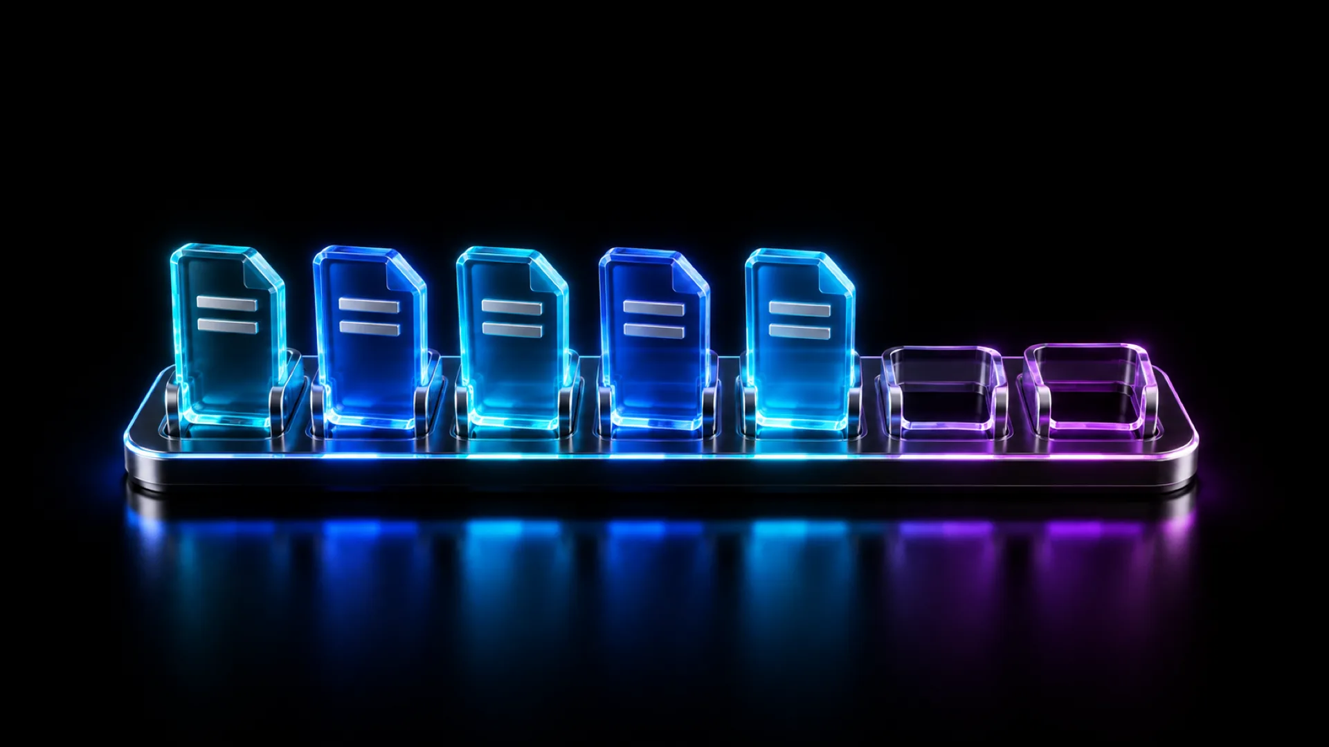 Five glowing blue glass document cards stand in a chrome weekly tray beside two empty violet slots, with neon reflections across a black reflective floor.