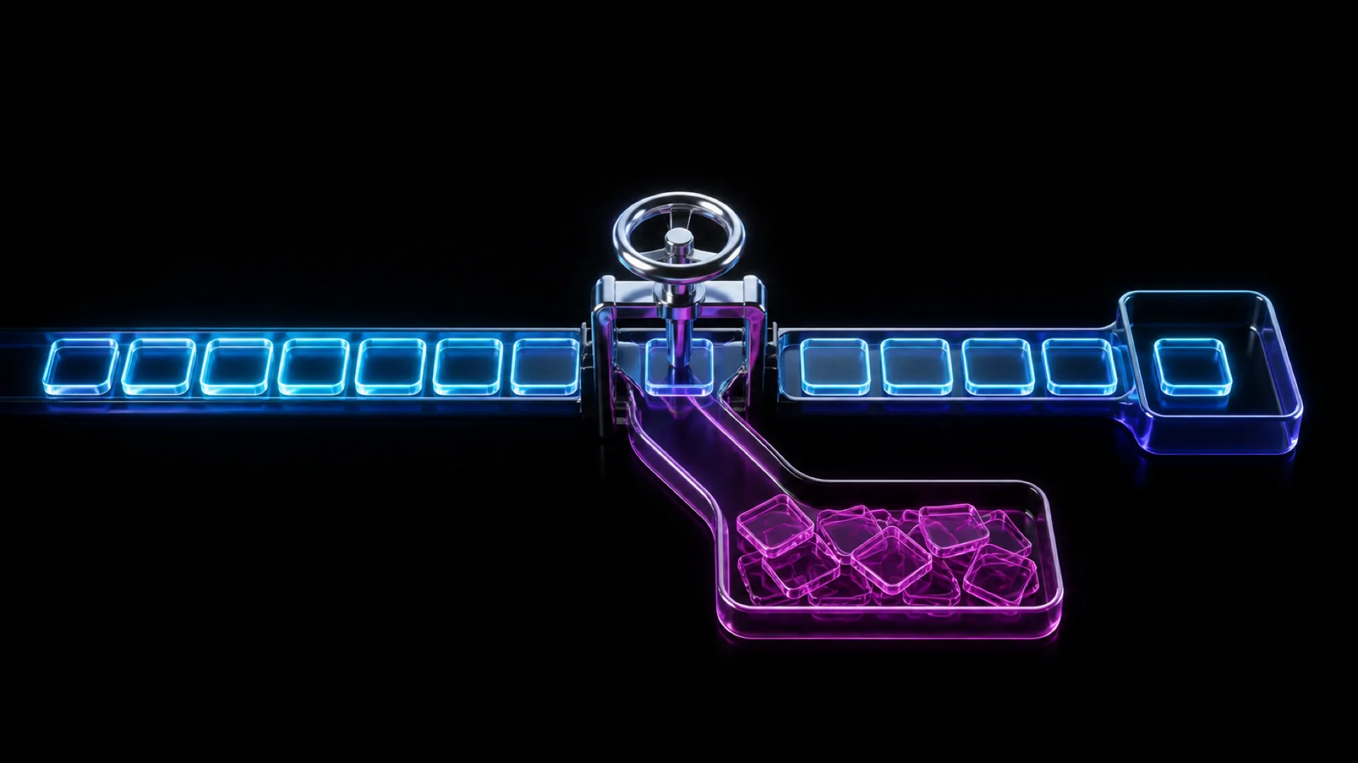 A glass valve wheel on a horizontal bar of glowing blue squares dispenses purple glowing cubes into a tray below.