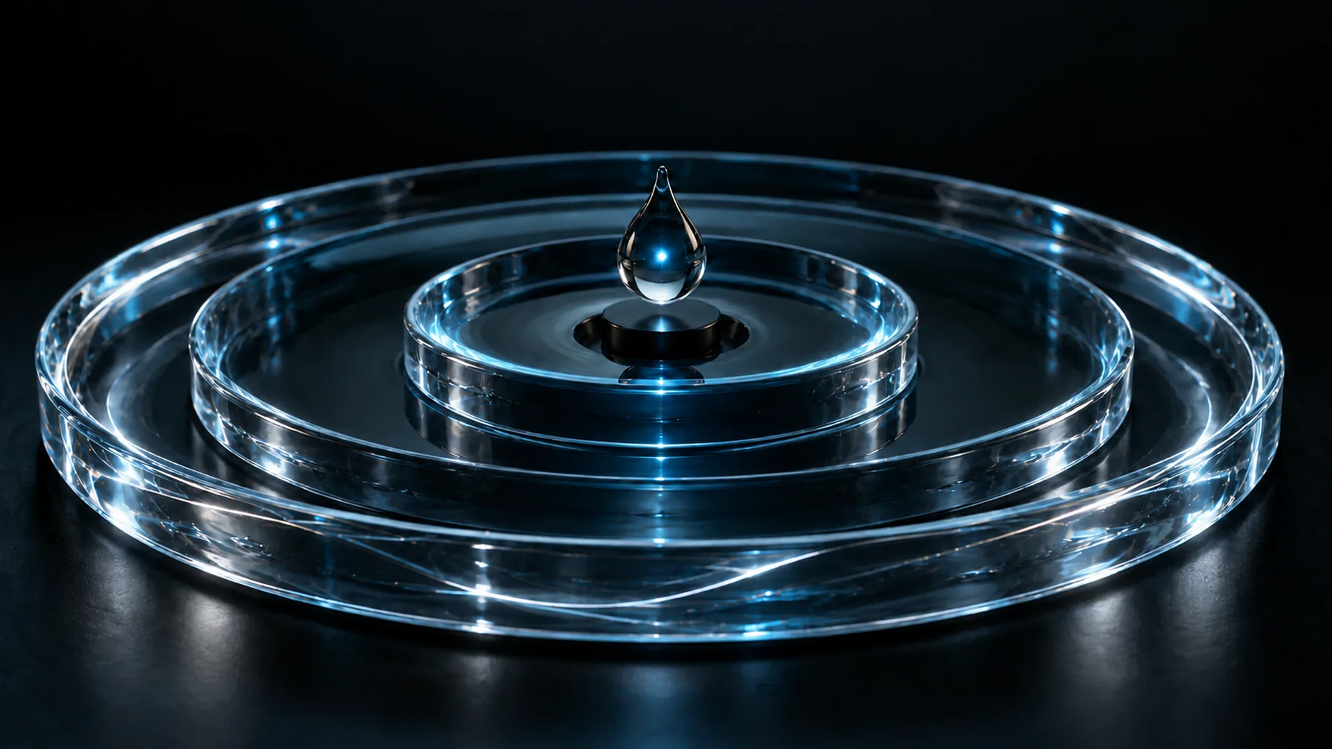 A single clear droplet hovers above three concentric glass rings lit in cold blue on a black surface.