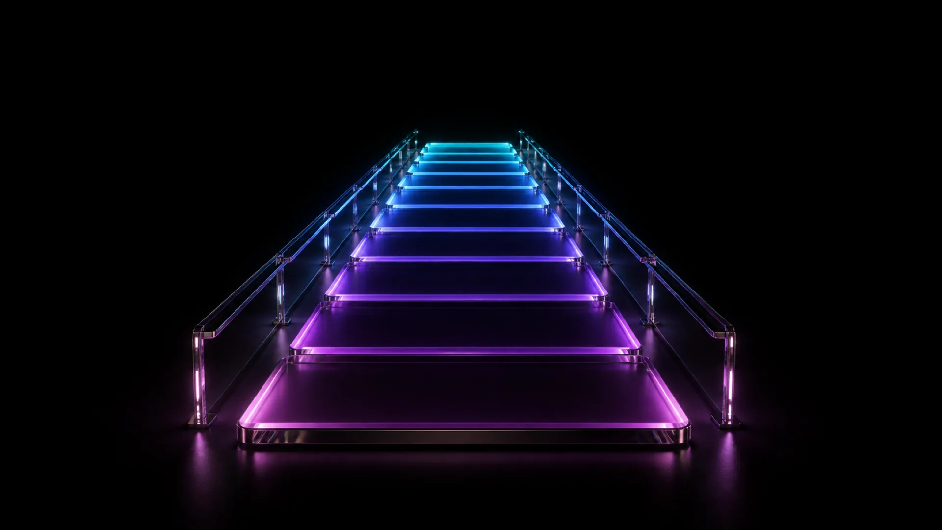 A staircase of glowing glass steps ascends from purple to cyan, framed by glass handrails on a black reflective floor.