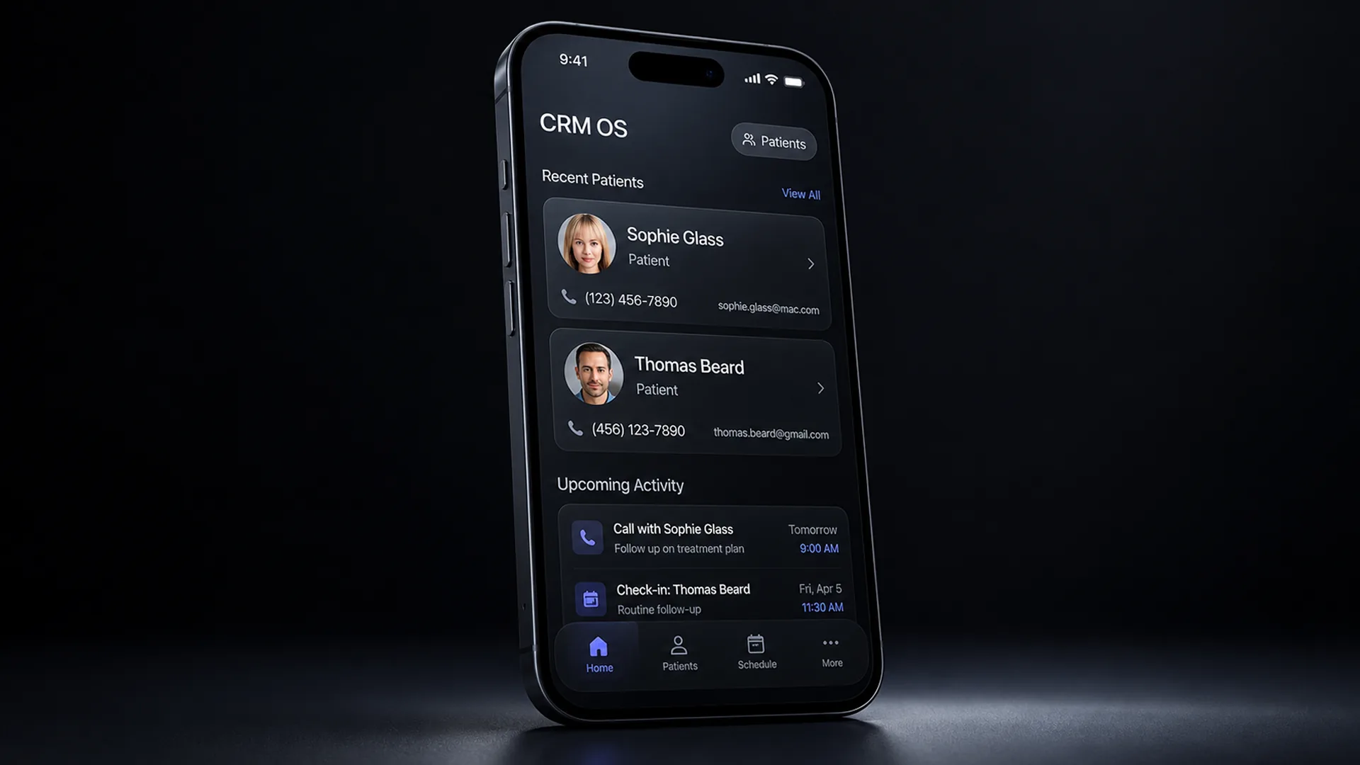 A smartphone standing on a dark surface showing a dark app screen headed "CRM OS" with a "Recent Patients" list of two contact cards and an "Upcoming Activity" section below.