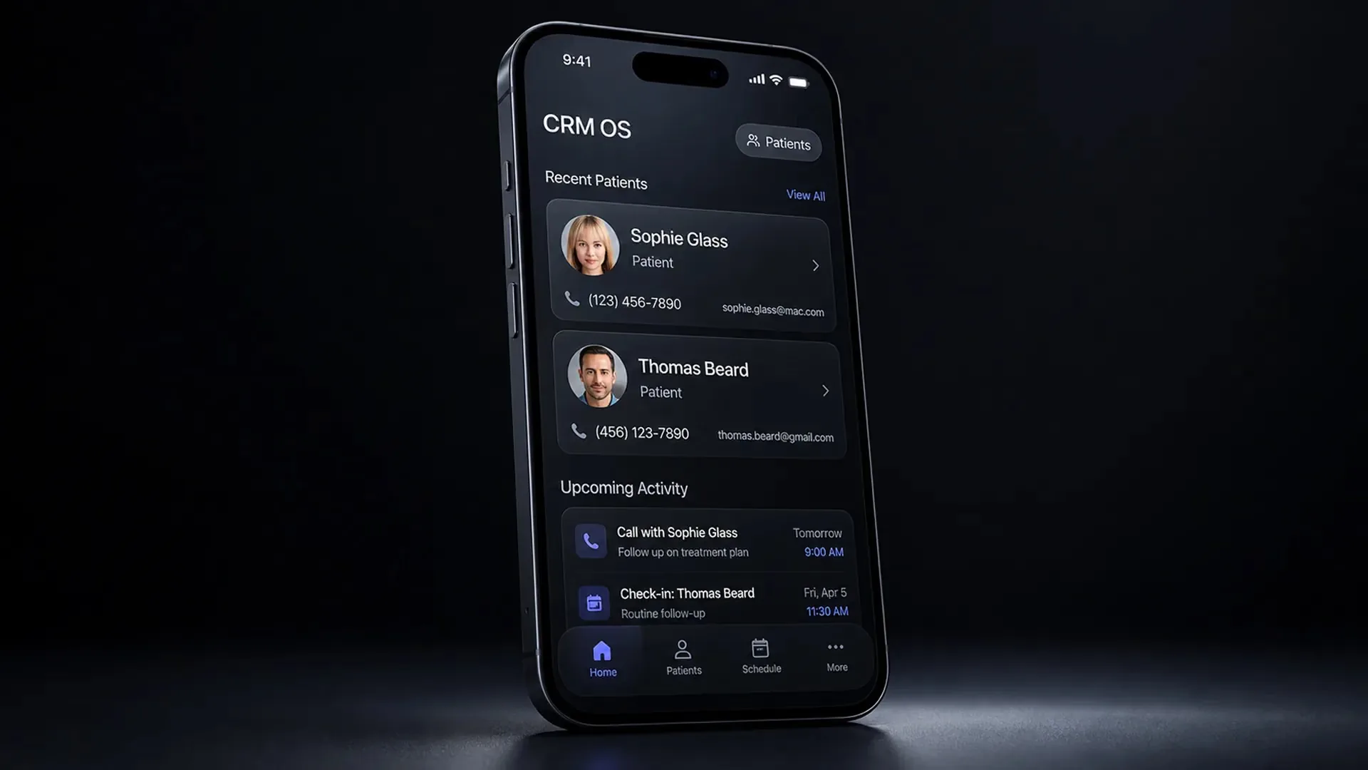 A dark phone screen titled CRM OS listing two recent patients with contact details and two upcoming activities, above a four-item tab bar.