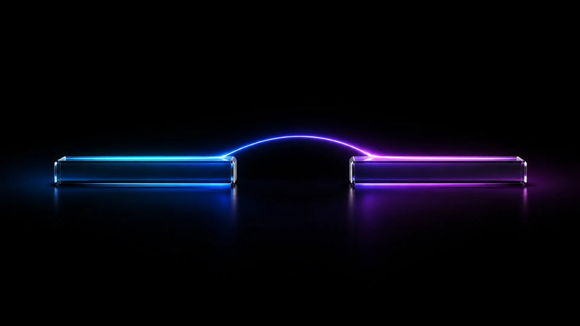 Two glass beams, one glowing blue and one glowing purple, arced together by a thin light bridge on black.