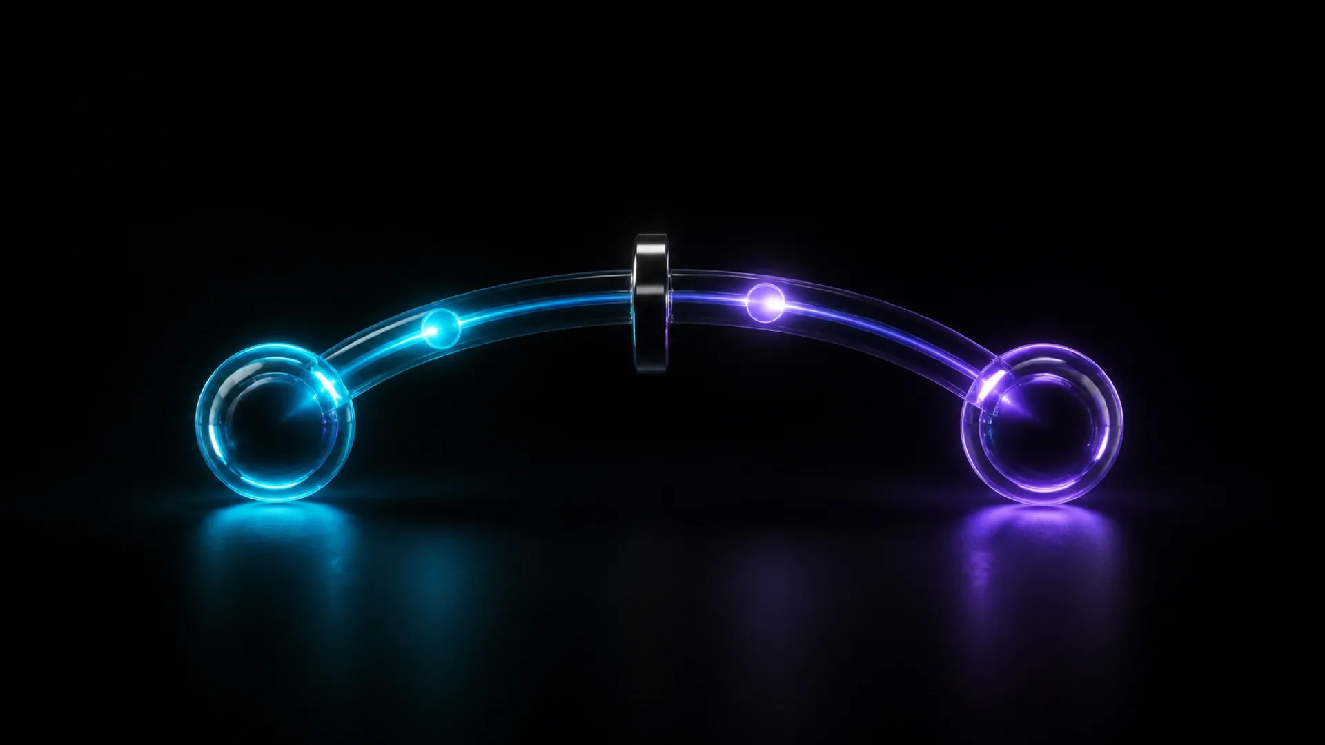 A curved glowing tube connects a blue sphere to a purple sphere with a dark ring at its center.