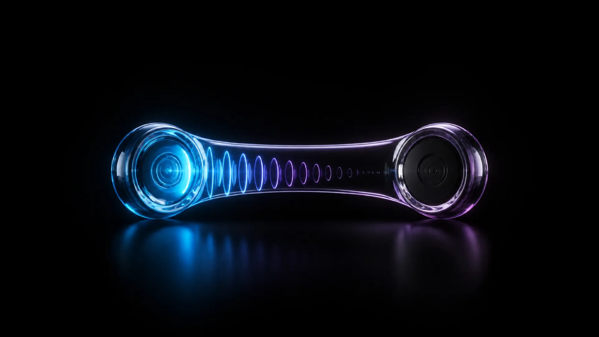 A dumbbell-shaped glass object with a glowing blue lens on one end and a dark purple lens on the other.