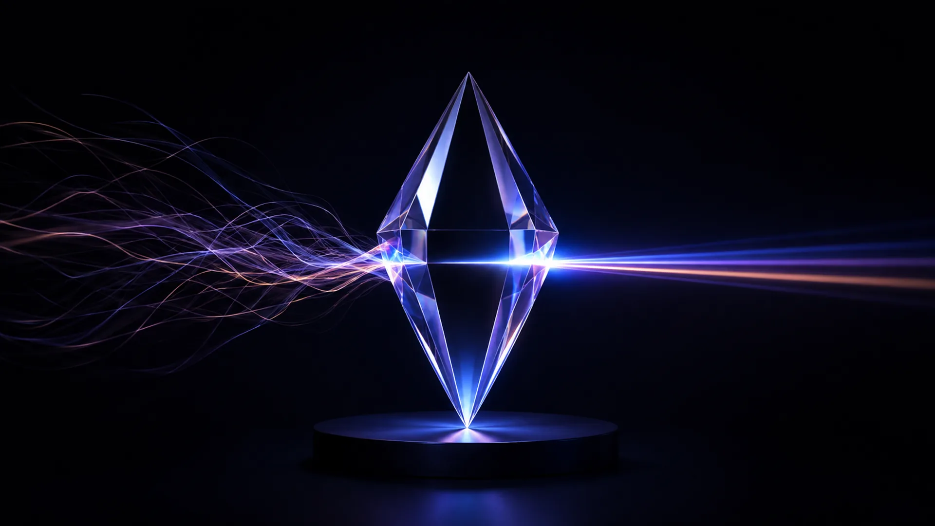 A clear crystal double pyramid stands on a dark round platform, splitting light into wispy orange and violet strands on the left and a sharp blue and amber beam on the right.