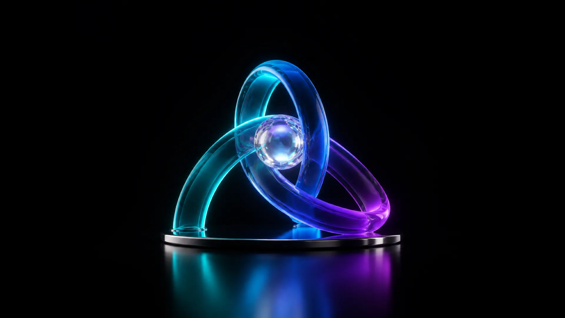 Interlocking teal, blue, and purple glass rings form a knot around a glowing white sphere on a reflective platform.