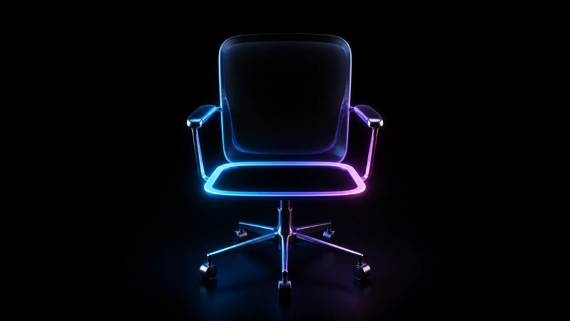 An empty black office chair on wheels outlined in glowing blue and purple neon light against a black background.