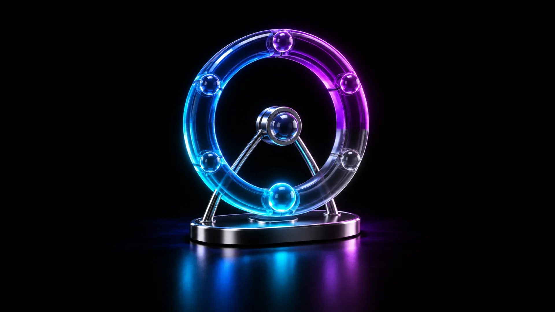 A glass flywheel ring shifts from blue to violet with six small spheres around its rim, and one bright cyan sphere at the bottom on a chrome stand.