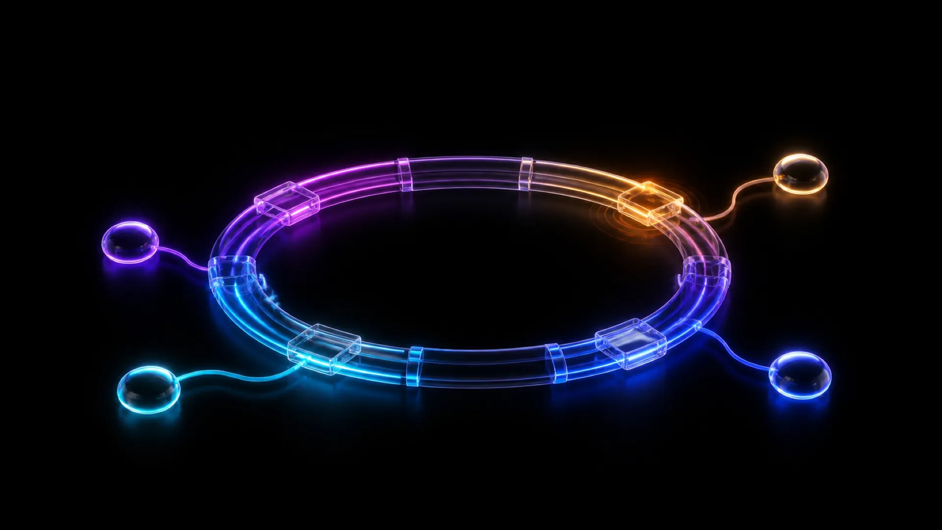 A glowing ring of purple, blue, and orange glass segments connects to four small glass pods orbiting outside it.