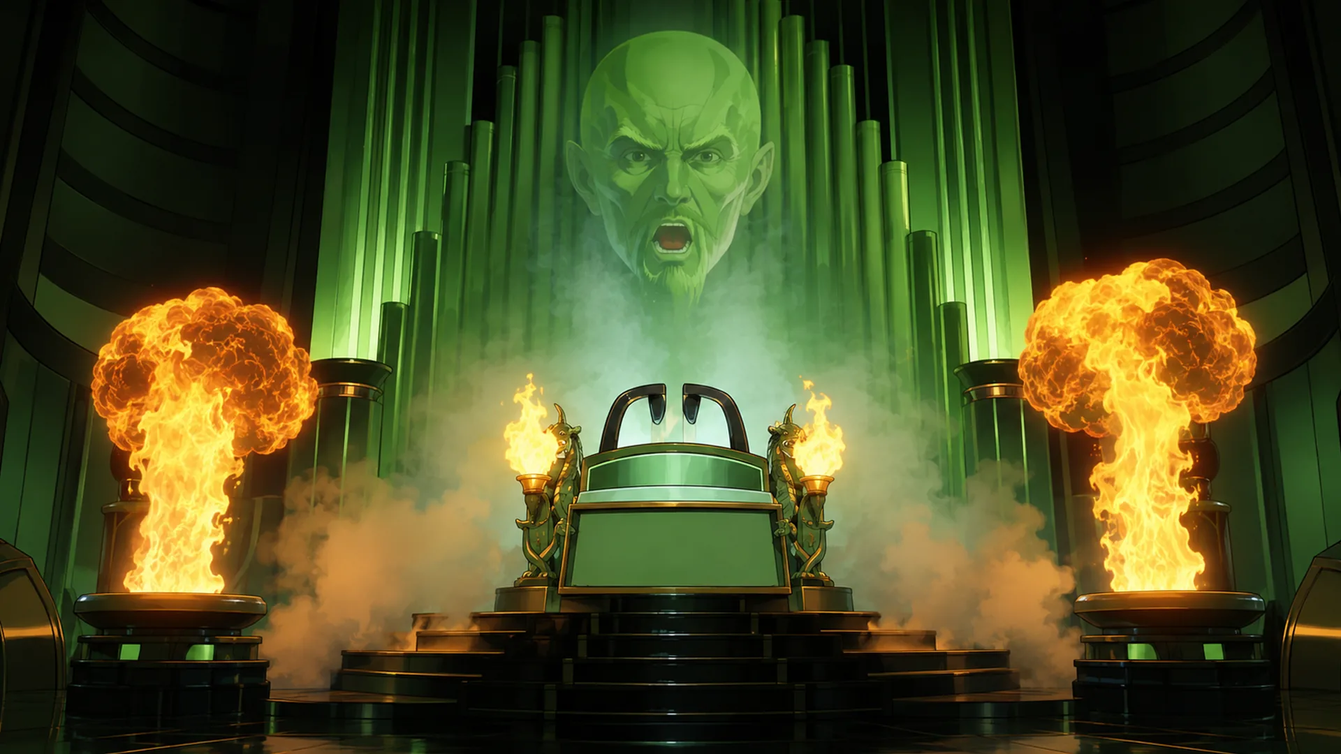 A giant green face with a shouting open mouth hovers over an empty green and gold throne in a pillared hall, two towering fireballs burning on pedestals, smoke drifting across the steps.