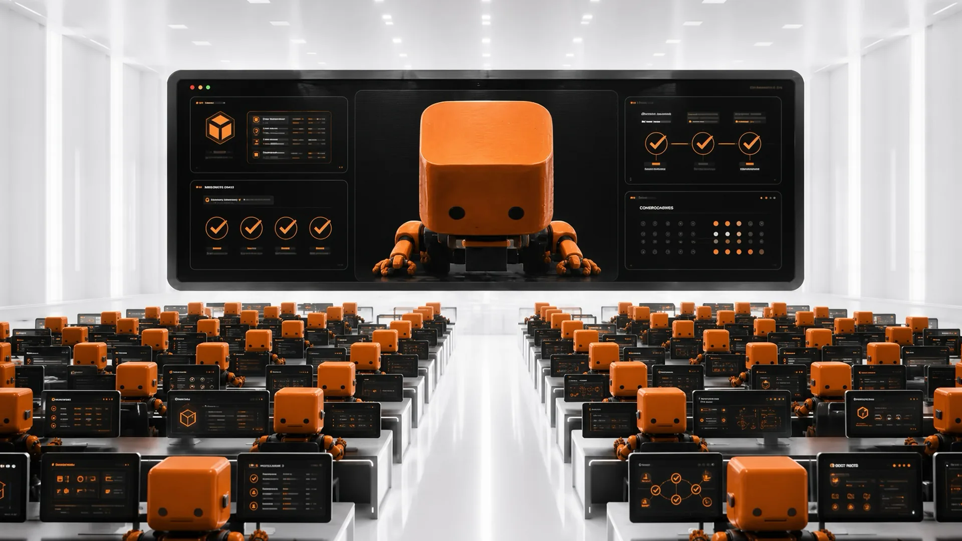 Rows of small orange cube headed robots sit at desks with dark dashboard screens in a bright white hall, facing a giant wall display showing one large robot between panels of orange checkmarks.