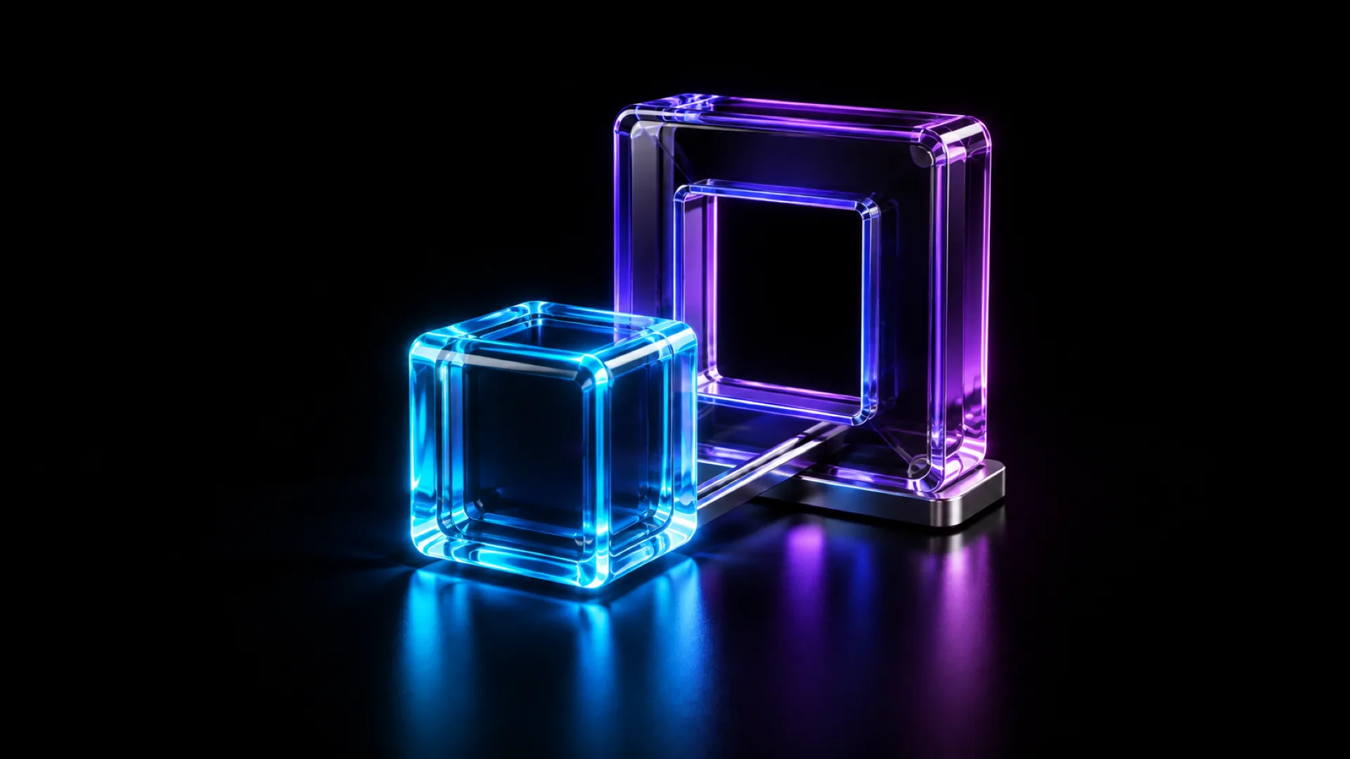 A glowing cyan glass cube sits in front of a larger violet glass frame with a square opening, both resting on a black reflective floor.