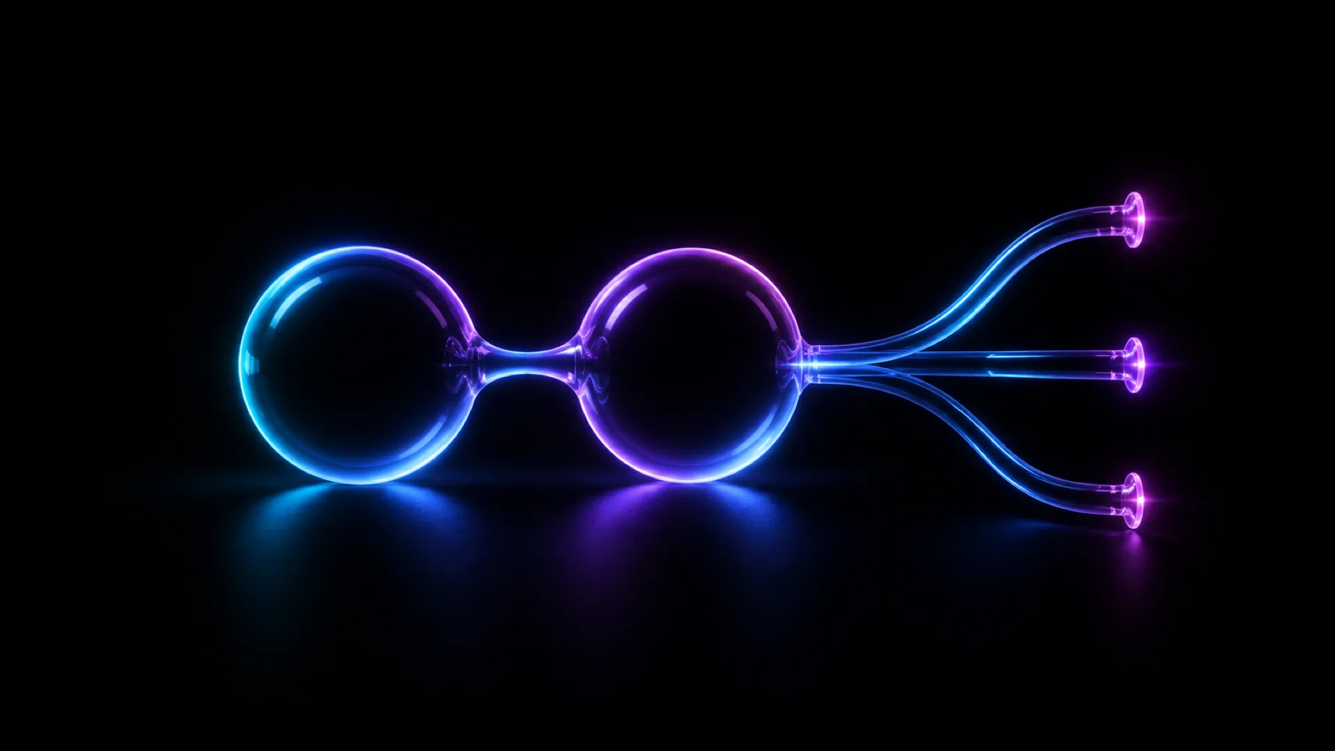 Two glowing glass rings, one blue and one purple, connect like a flask that branches into three thin light trails.