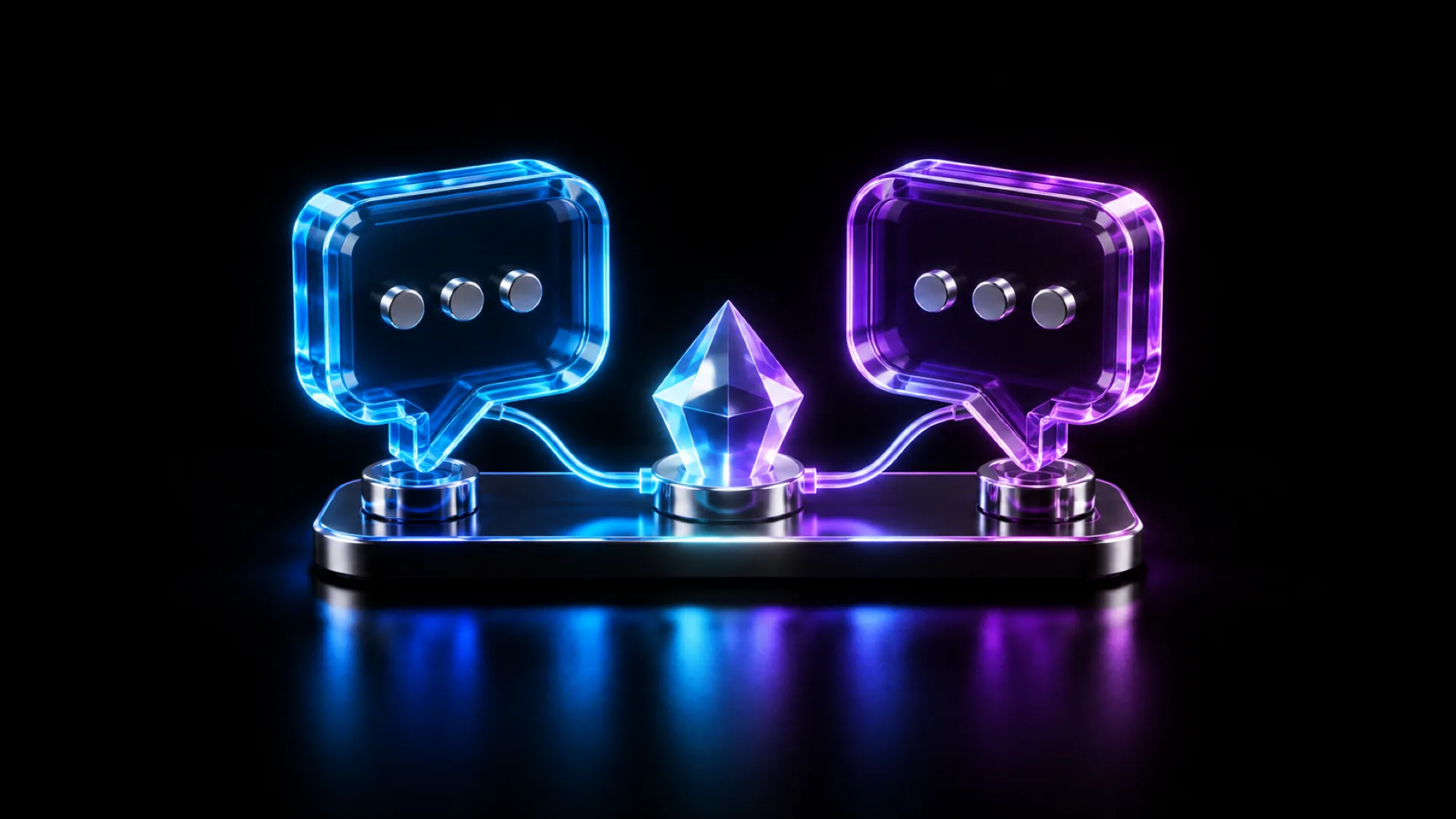 Two glowing glass speech bubbles, one blue and one violet, each with three chrome dots, connect by thin light lines to a faceted crystal on a chrome base.