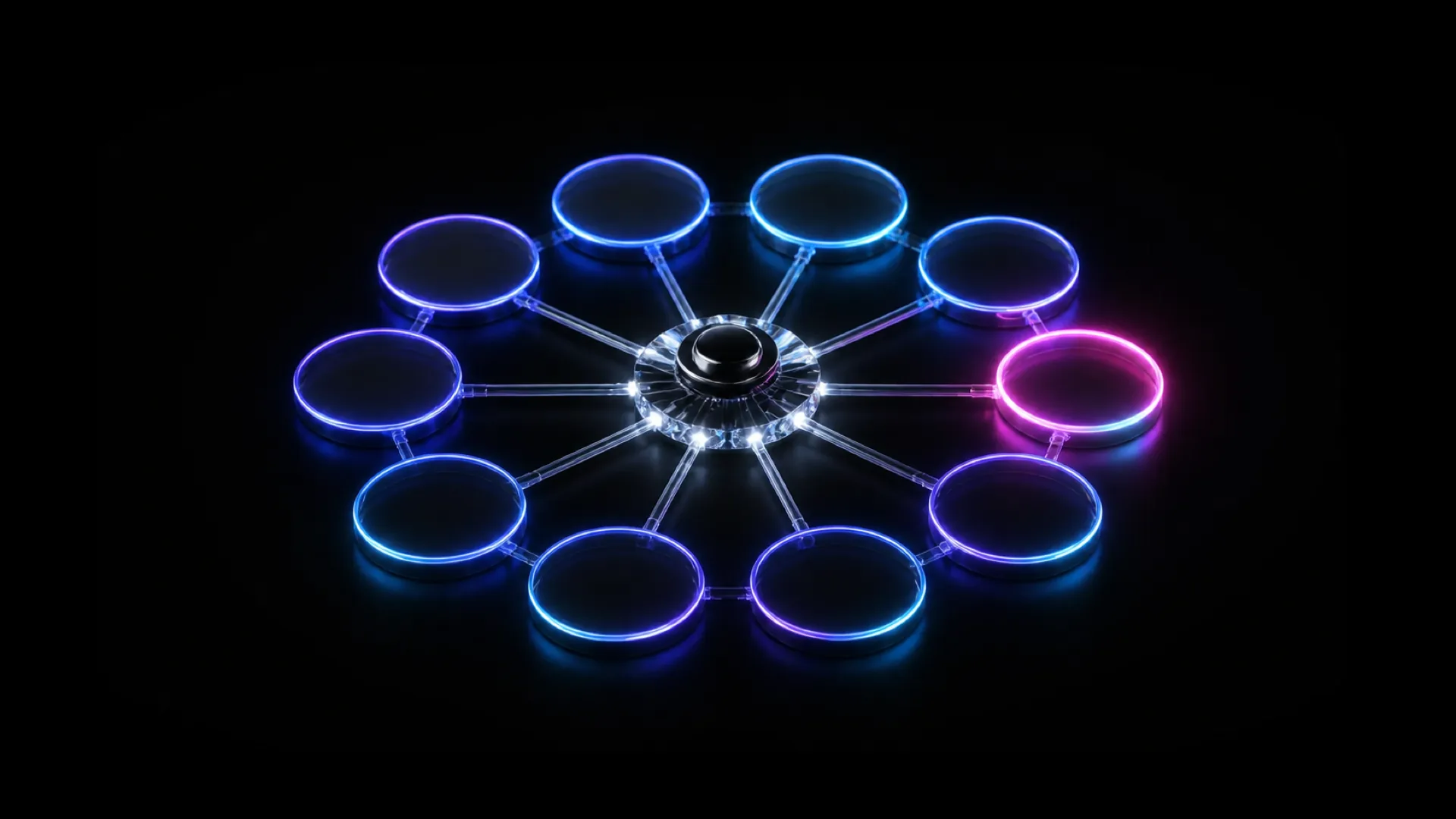 Glass discs in blue and purple, with one pink, form a ring around a small metallic hub linked by spokes.