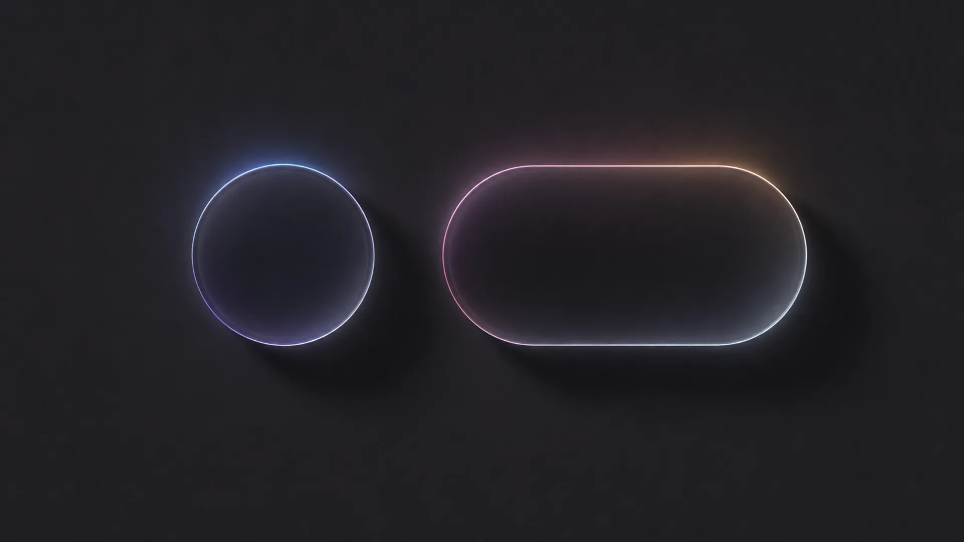 A glowing circle outlined in blue and violet sits beside a larger pill shape outlined in pink, orange and white, both floating with soft shadows on a dark charcoal wall.