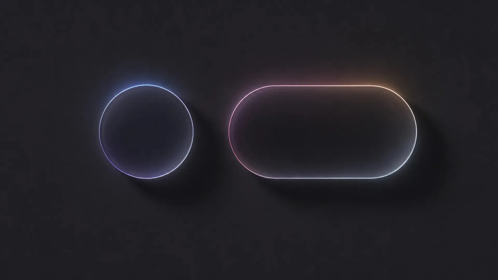 A thin glowing circle outline and a glowing pill-shaped outline side by side on a near-black ground, their rims tinted blue, pink and orange.