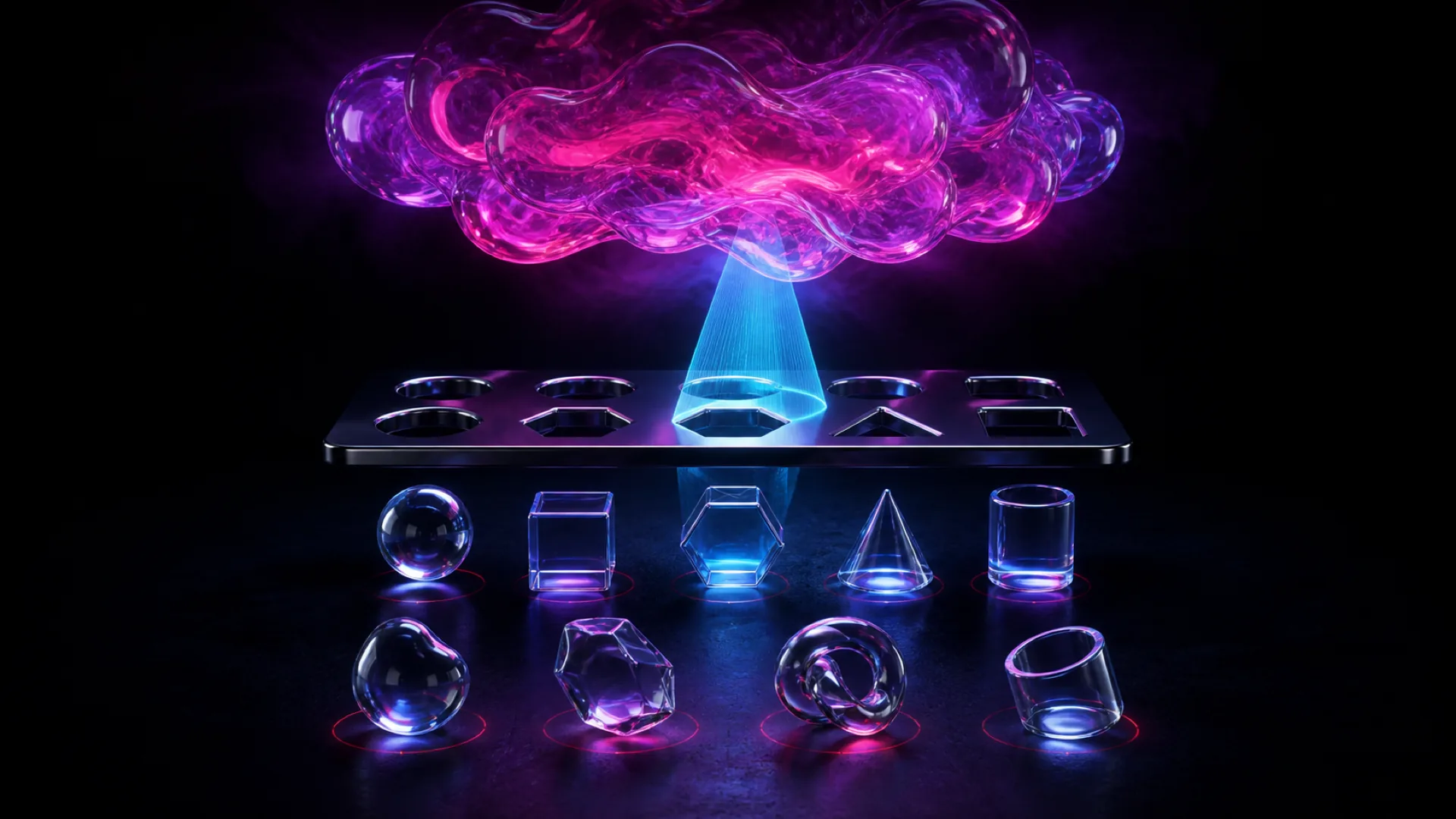 A pink cloud beams light onto a hexagon slot in a dark sorting panel, above rows of matching glass shapes.