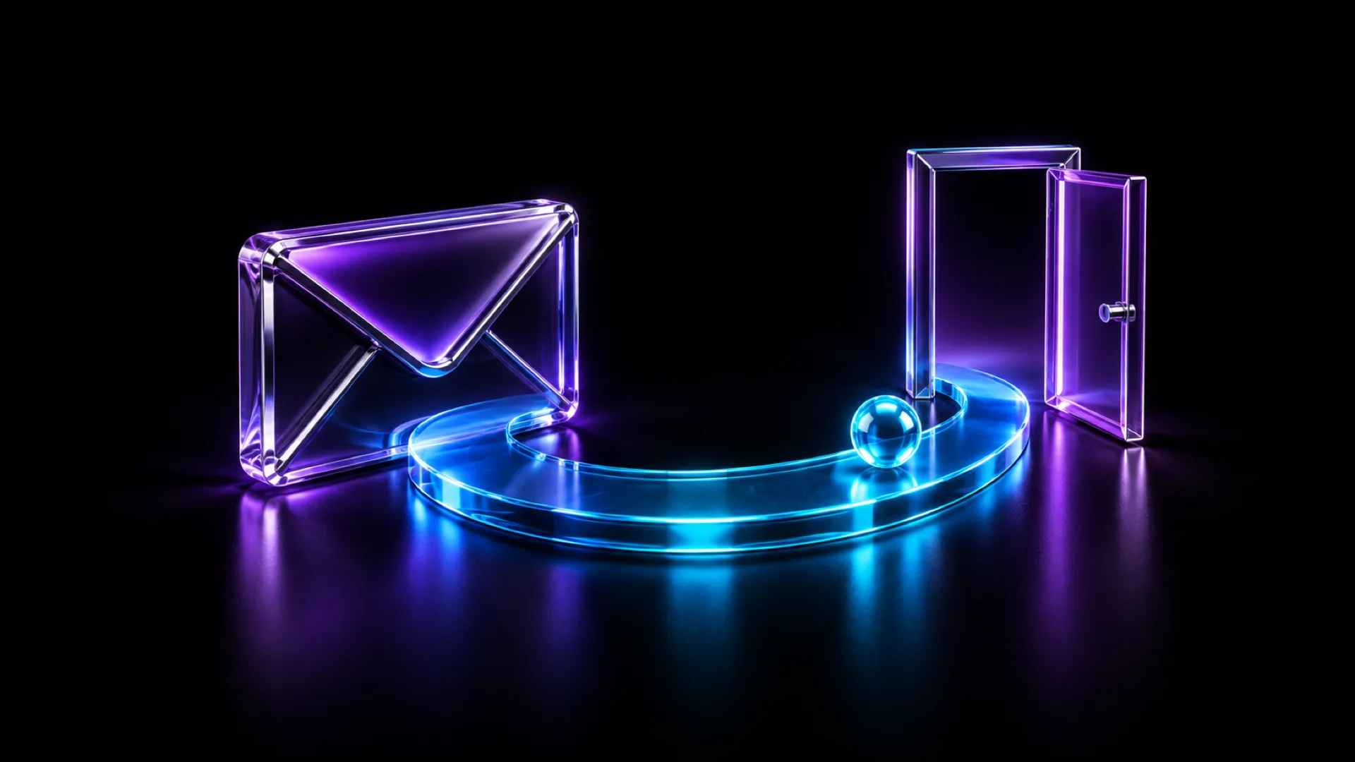 A violet glass envelope sits beside a curved glowing cyan path with a small sphere that leads toward an open violet glass doorway on black.