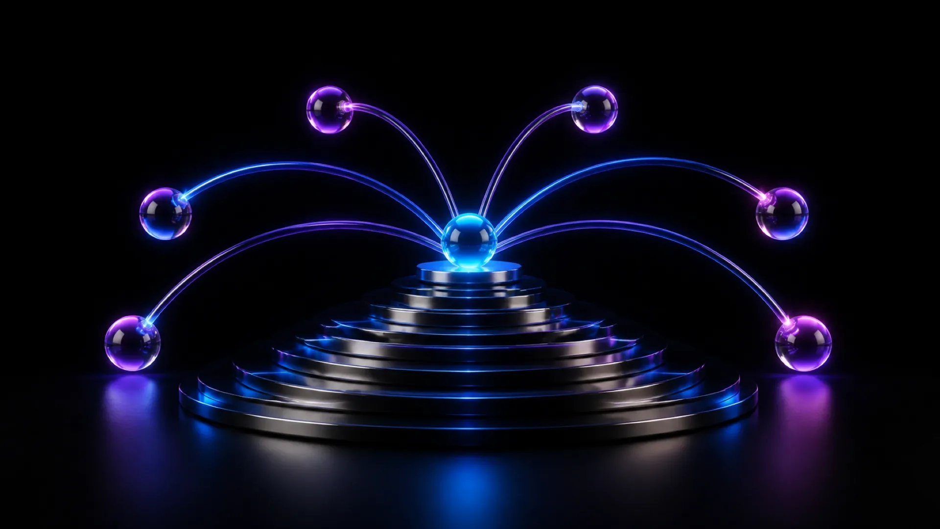 A tiered platform holds a glowing blue sphere on top, ringed by six purple and pink spheres on light arcs.