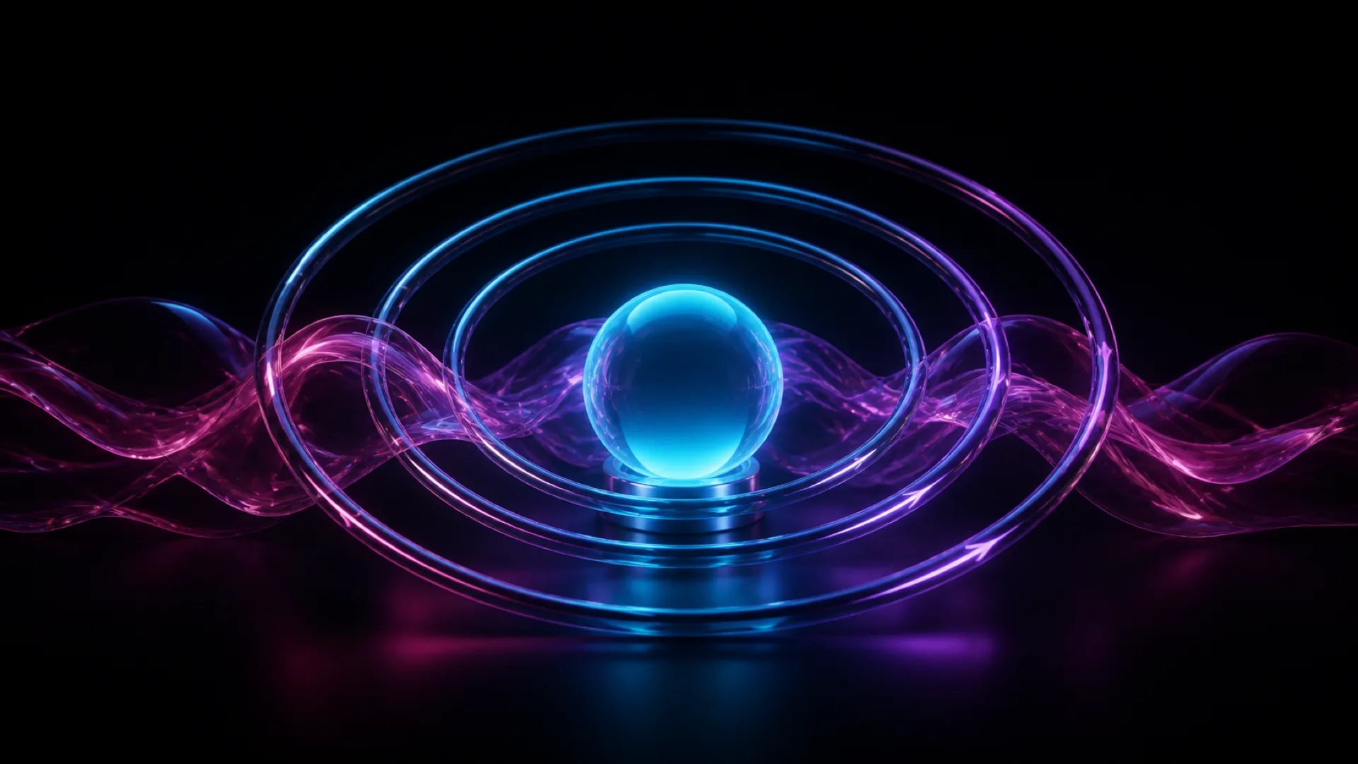 A glowing blue sphere sits inside concentric glass rings, with pink and purple wavy ribbons flowing through them.