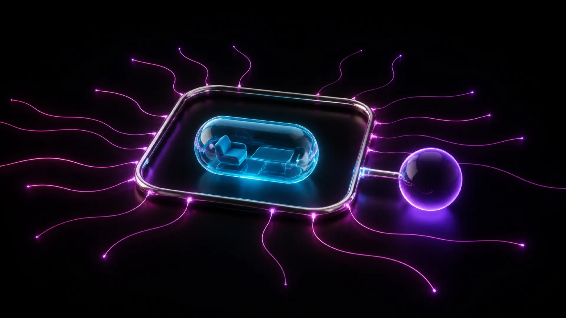 A glass frame with purple light tendrils radiating outward contains a blue capsule holding two small chair icons.